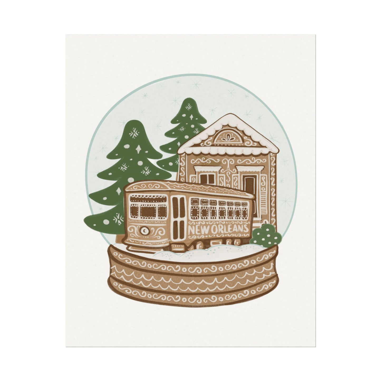 New Orleans Holiday Streetcar Snow Globe poster | Watercolor Matte Poster