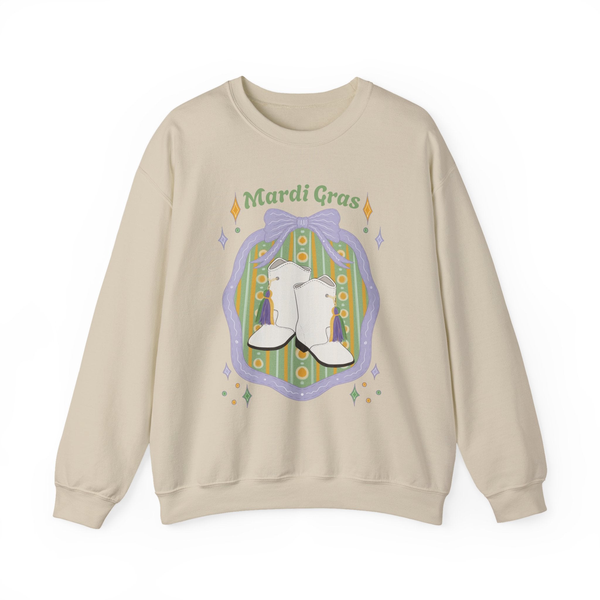 Mardi Gras of White majorette Boots Illustration Sweatshirt | Retro Floral Badge, Pastel mardi gras Design