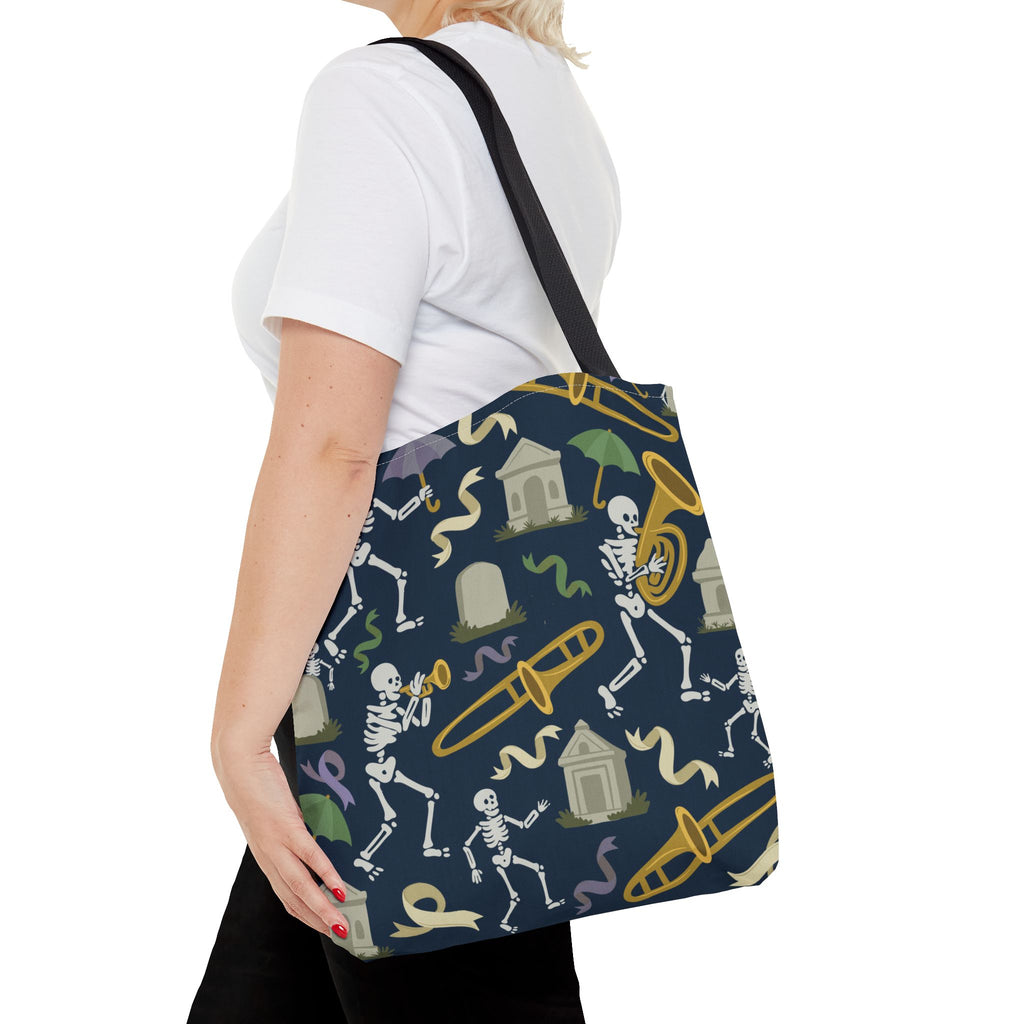 Skeleton Brass Band Tote Bag, New Orleans Graveyard Dancing Skeleton, Halloween Bag, Musician Gift, Jazz Lover Tote, Gothic Tote Bag