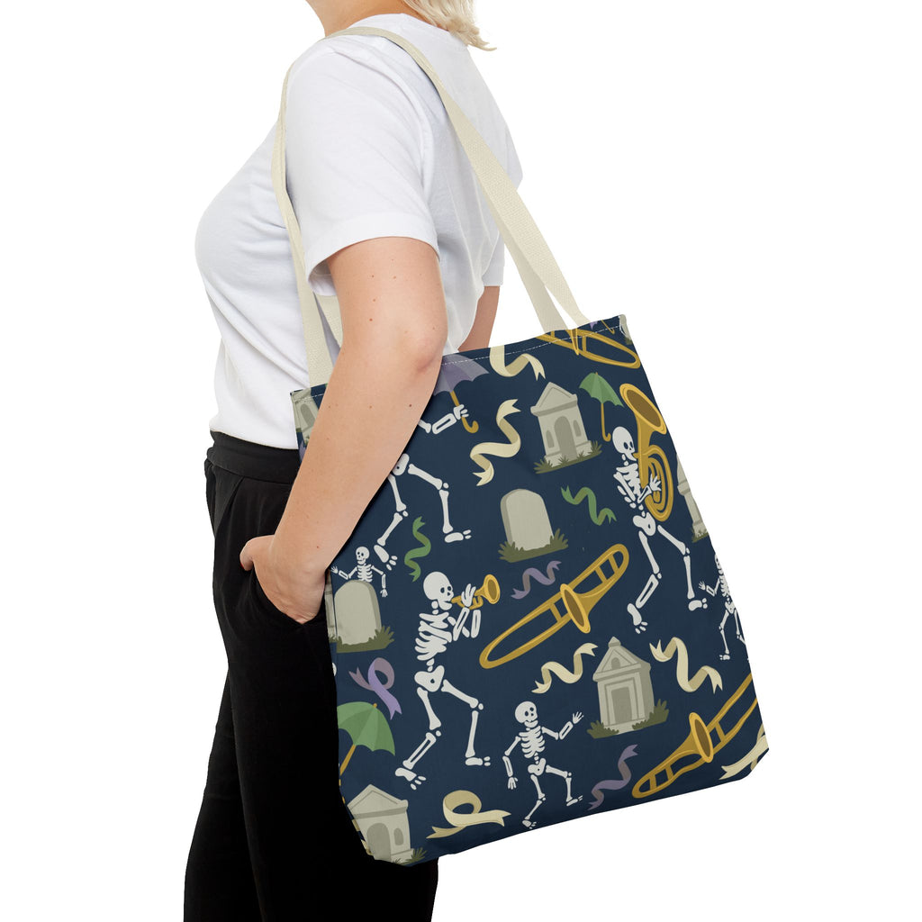 Skeleton Brass Band Tote Bag, New Orleans Graveyard Dancing Skeleton, Halloween Bag, Musician Gift, Jazz Lover Tote, Gothic Tote Bag