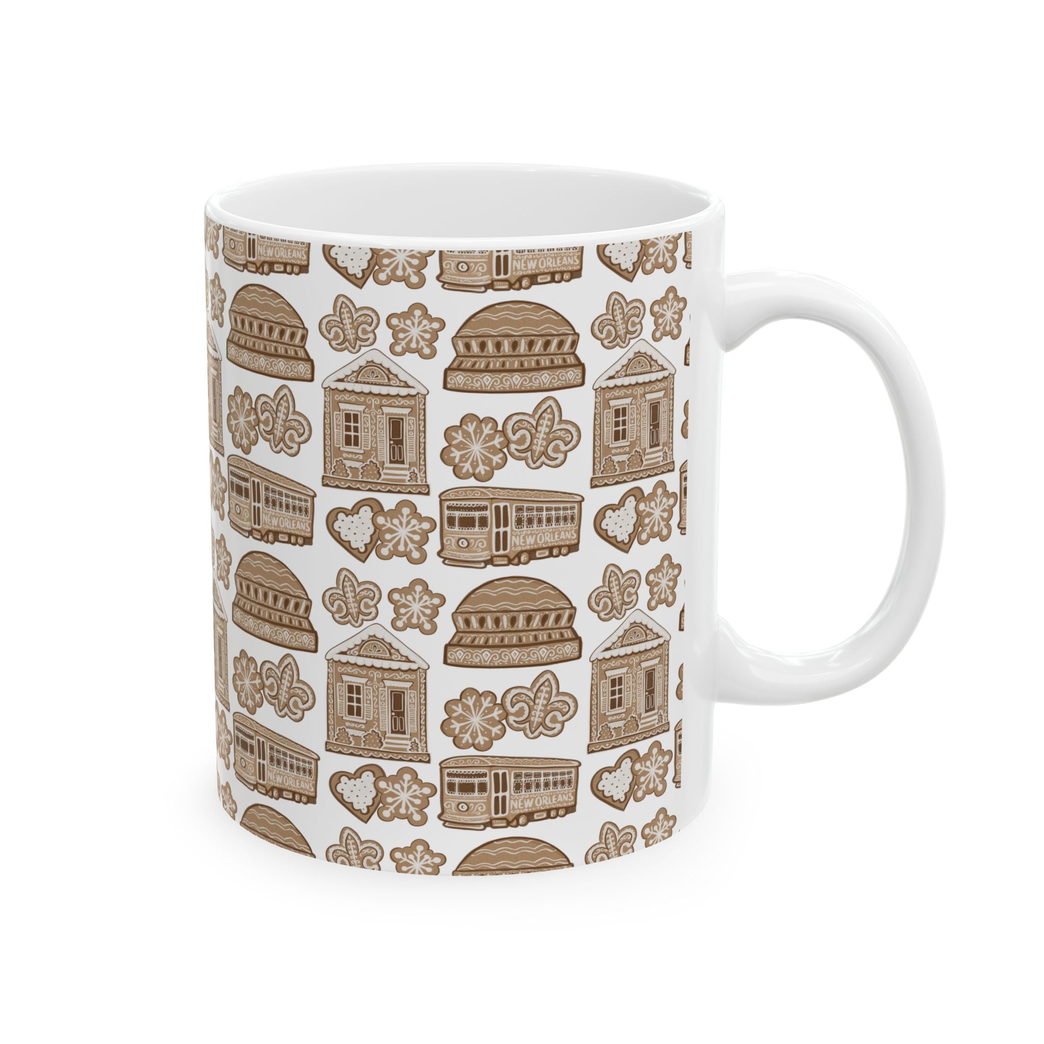 New Orleans Holiday Gingerbread Icons Mug | French Quarter Streetcar, Beignets, Fleur-de-lis Pattern