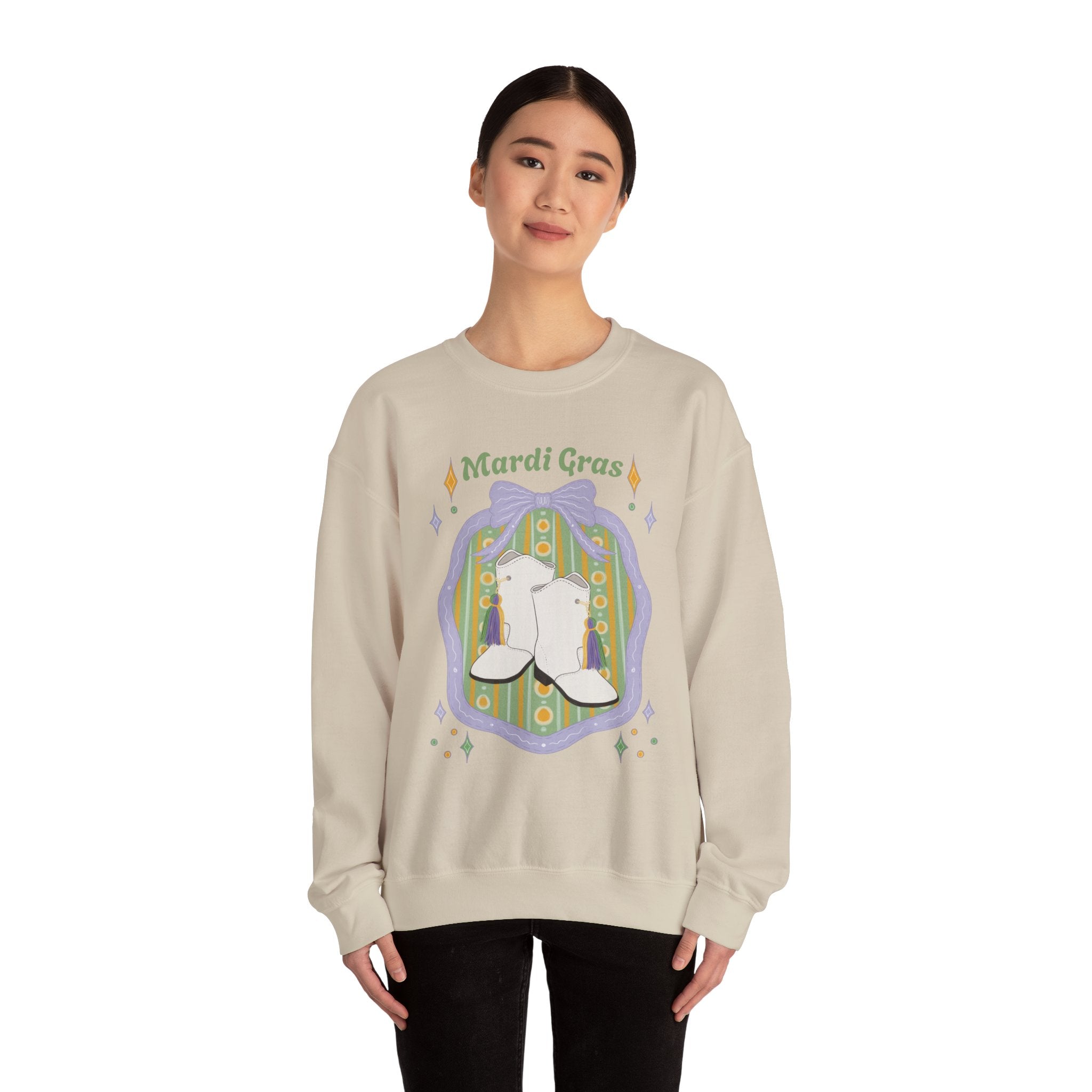 Mardi Gras of White majorette Boots Illustration Sweatshirt | Retro Floral Badge, Pastel mardi gras Design