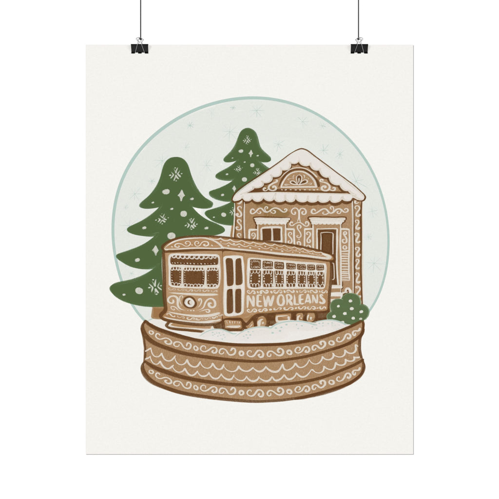 New Orleans Holiday Streetcar Snow Globe poster | Watercolor Matte Poster