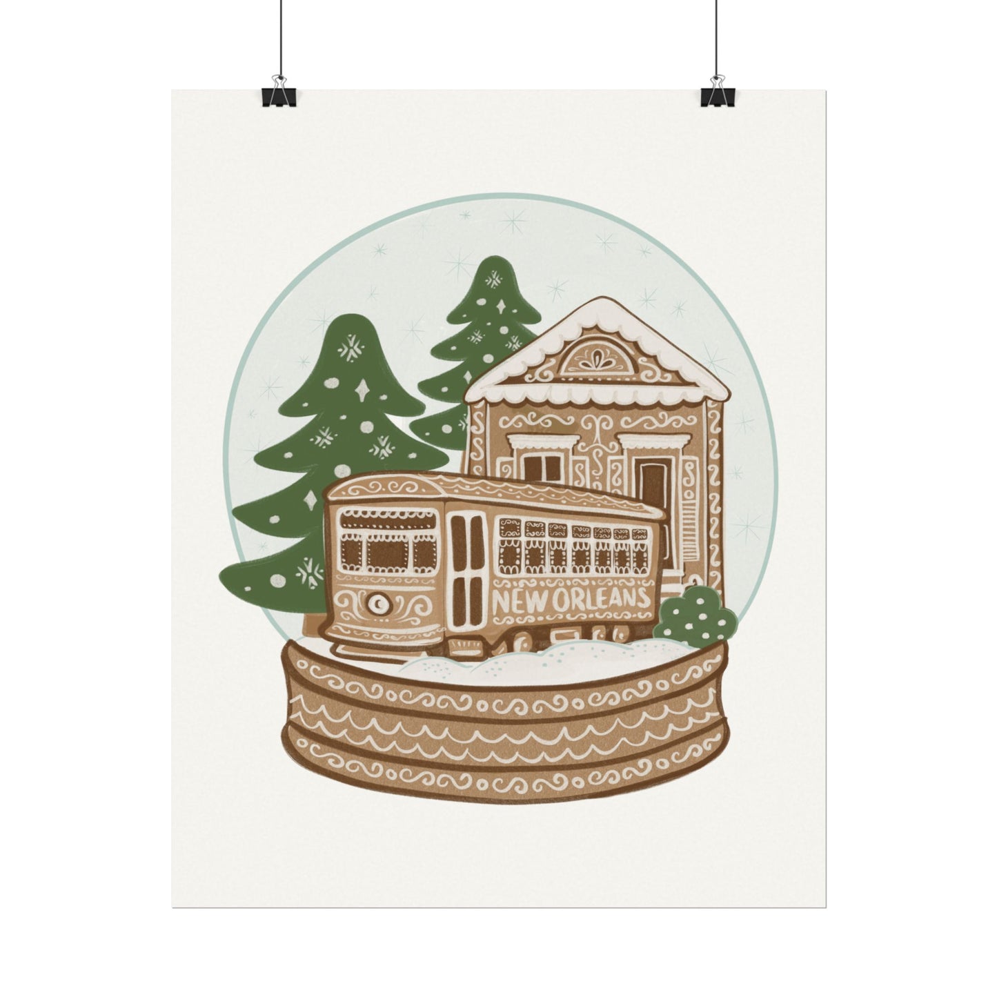 New Orleans Holiday Streetcar Snow Globe poster | Watercolor Matte Poster