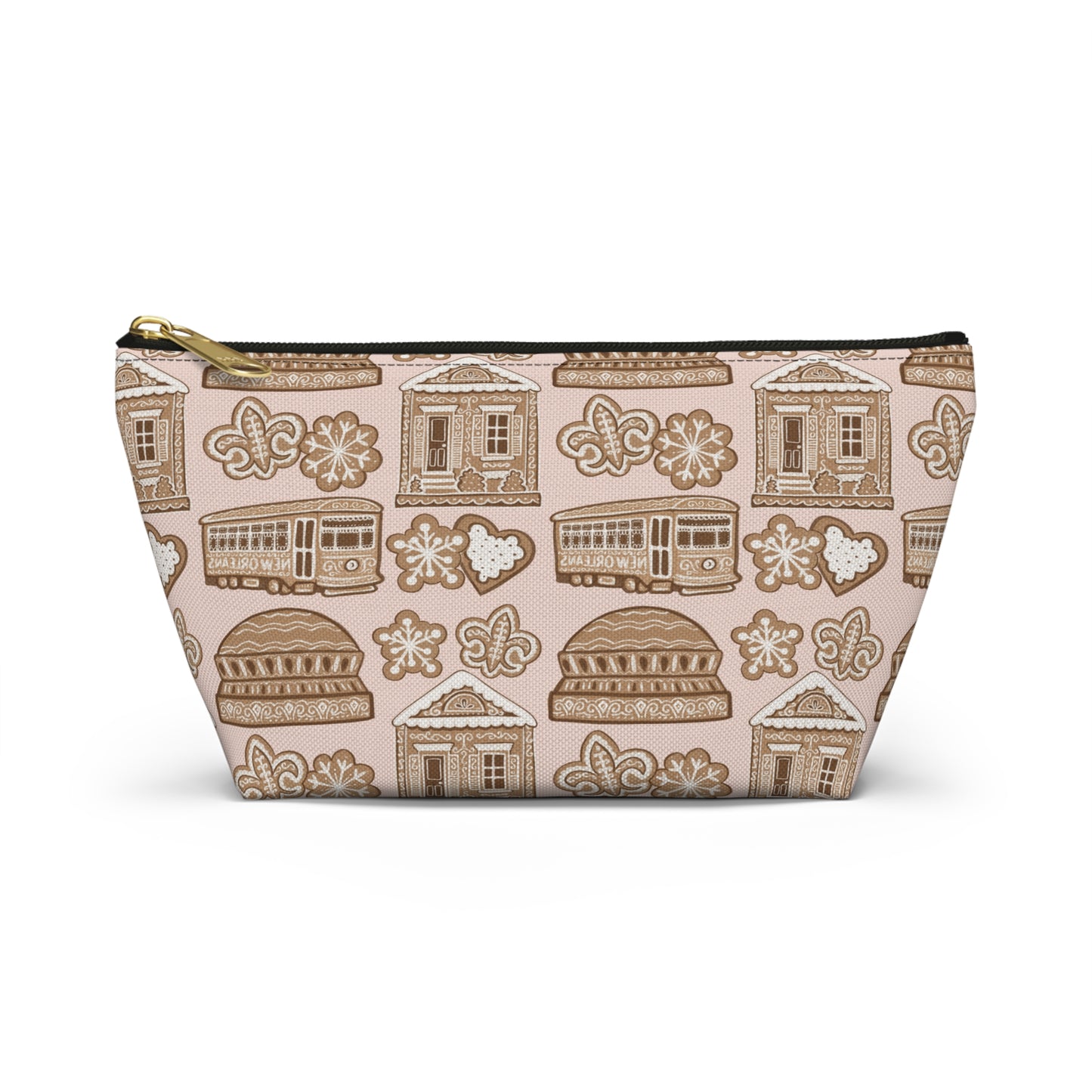 New Orleans Holiday Icons accessory pouch | streetcar fleur-de-lis dome Gingerbread pattern