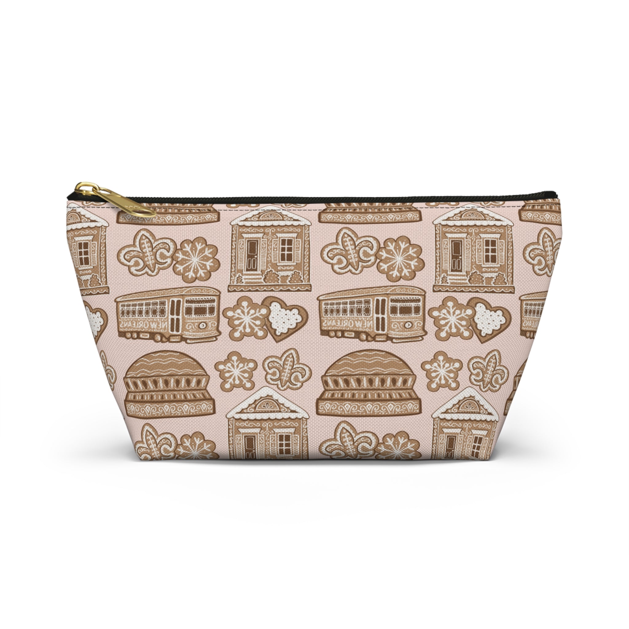 New Orleans Holiday Icons accessory pouch | streetcar fleur-de-lis dome Gingerbread pattern