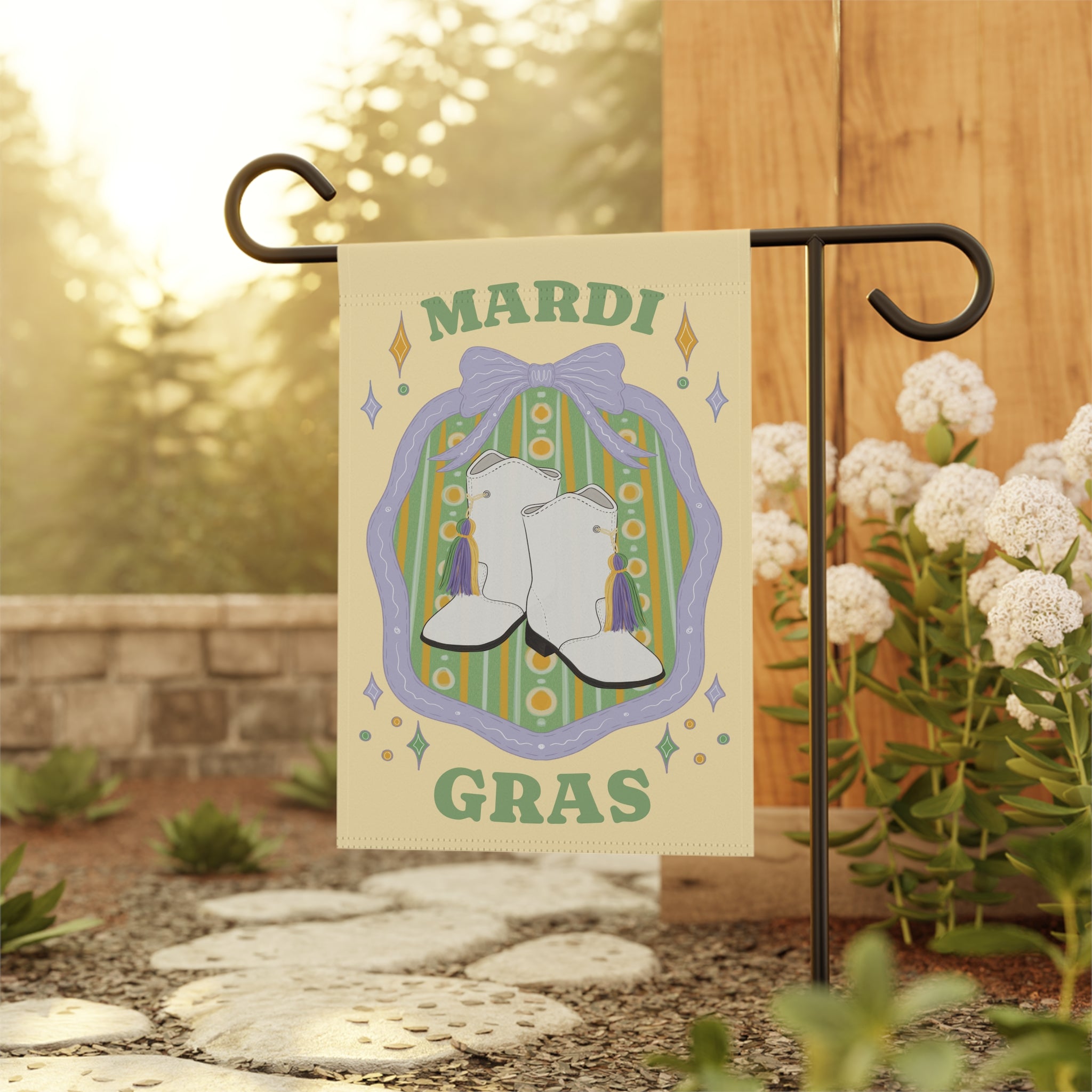 White Boots Mardi Gras Garden Flag | House Banner, Purple Green Yellow
