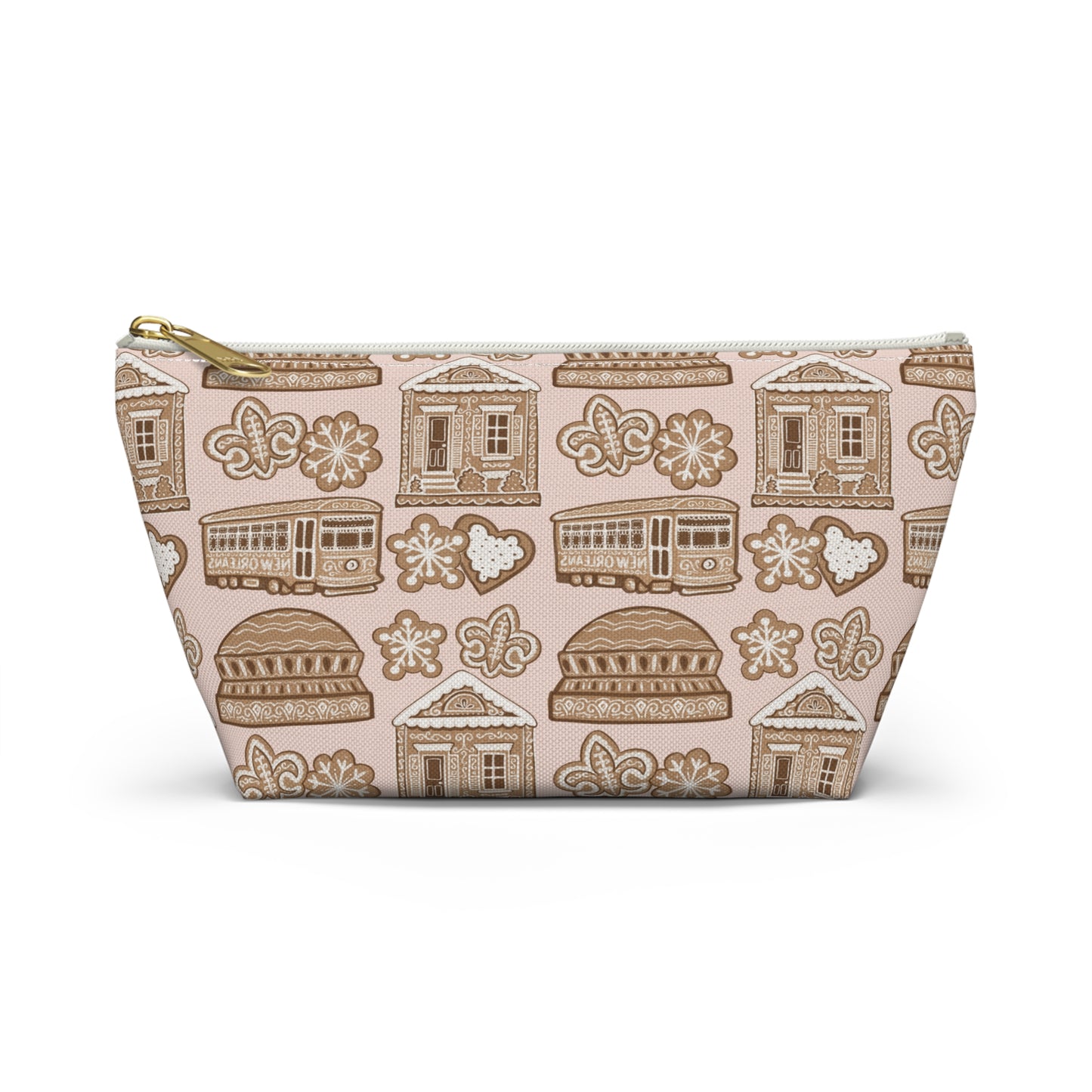 New Orleans Holiday Icons accessory pouch | streetcar fleur-de-lis dome Gingerbread pattern