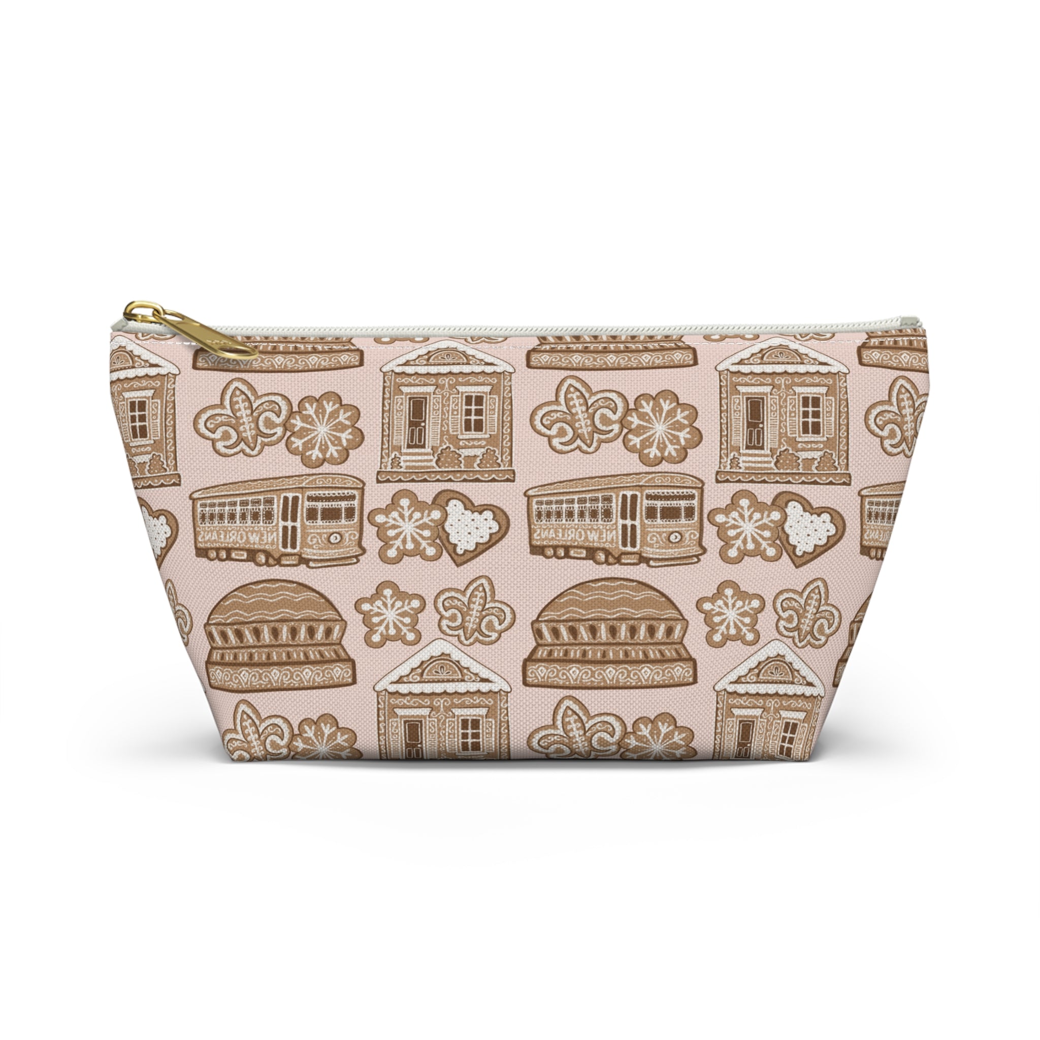 New Orleans Holiday Icons accessory pouch | streetcar fleur-de-lis dome Gingerbread pattern