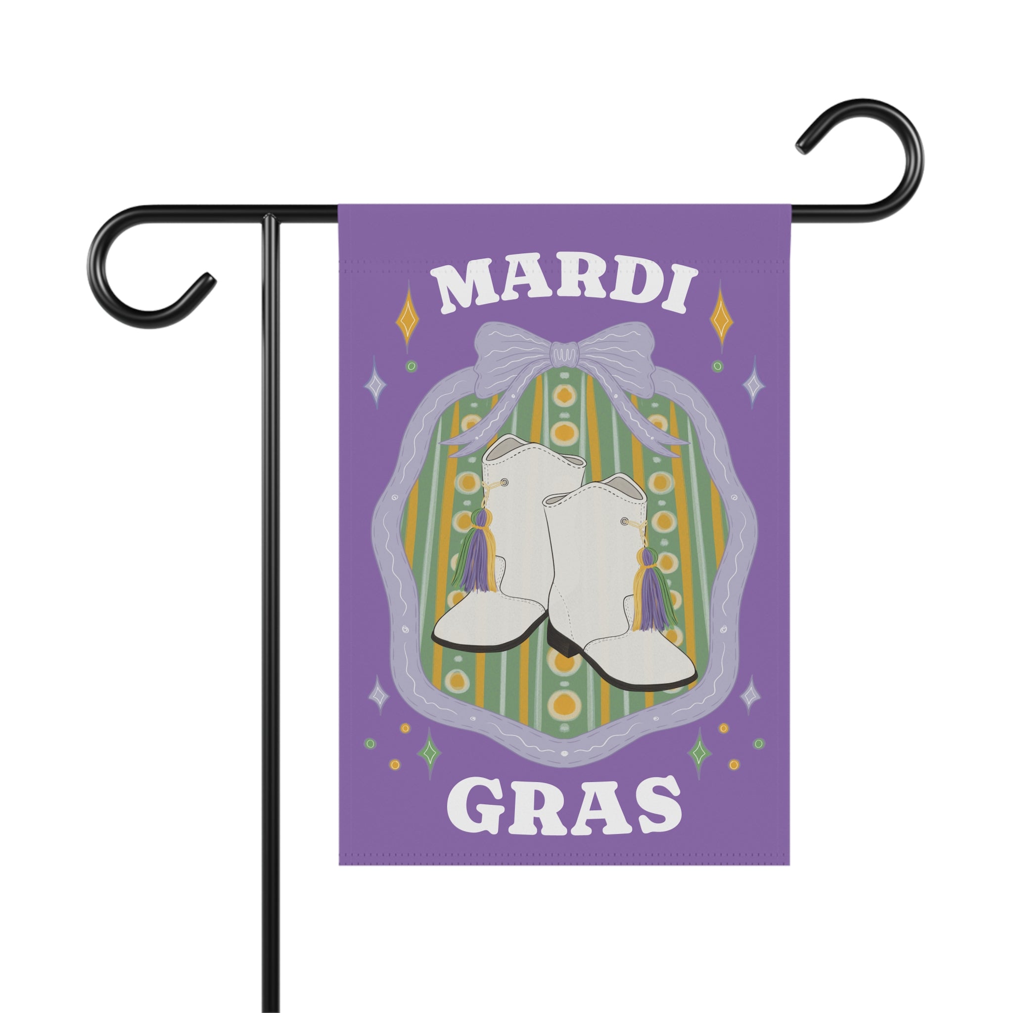 Majorette Boots Mardi Gras Garden Flag | House Banner, Purple Green Yellow