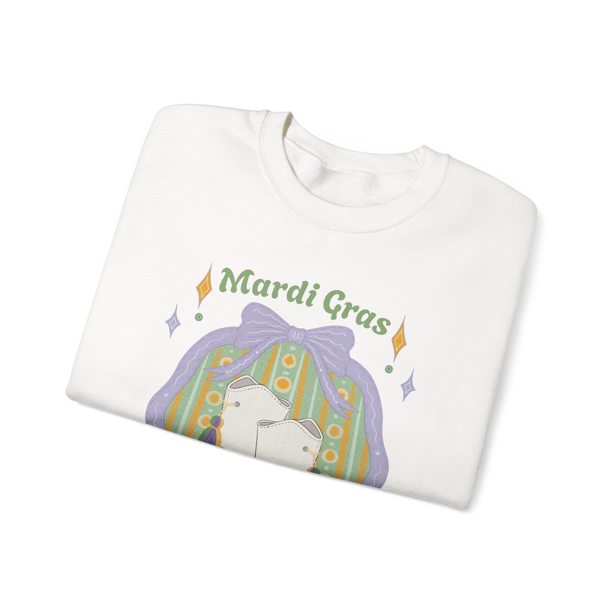 Mardi Gras of White majorette Boots Illustration Sweatshirt | Retro Floral Badge, Pastel mardi gras Design