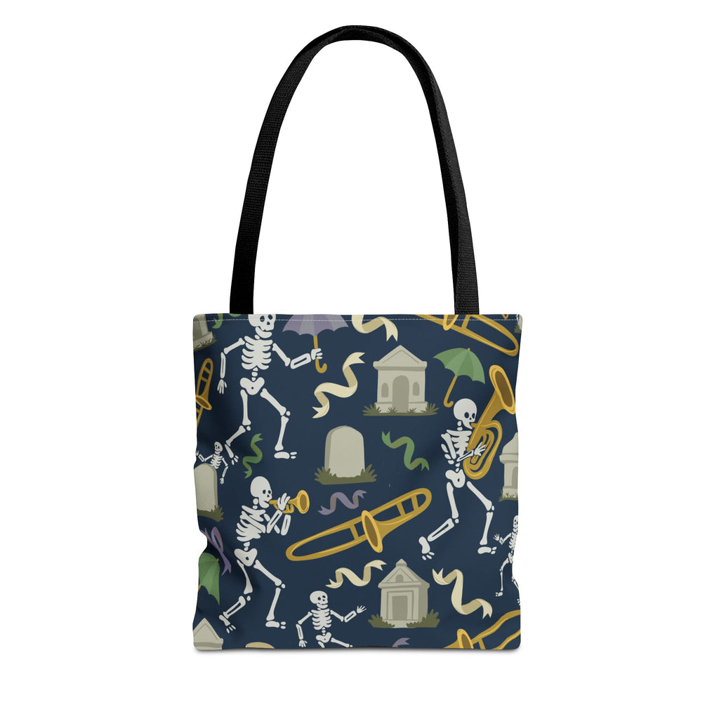 Skeleton Brass Band Tote Bag, New Orleans Graveyard Dancing Skeleton, Halloween Bag, Musician Gift, Jazz Lover Tote, Gothic Tote Bag