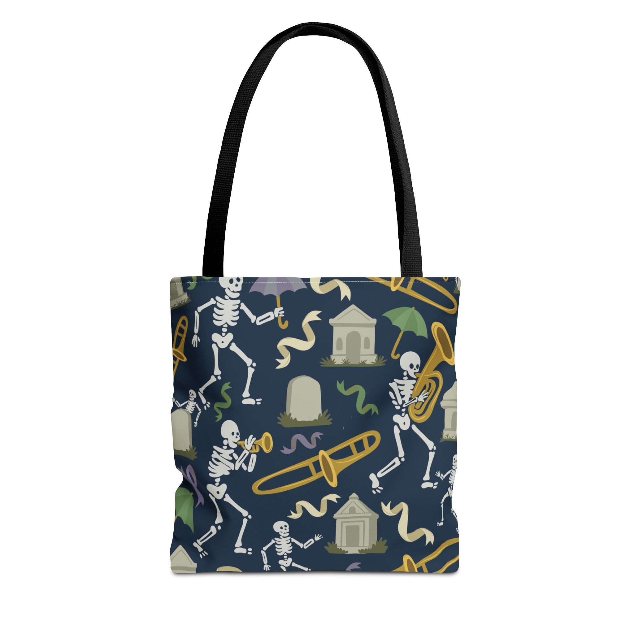 Skeleton Brass Band Tote Bag, New Orleans Graveyard Dancing Skeleton, Halloween Bag, Musician Gift, Jazz Lover Tote, Gothic Tote Bag