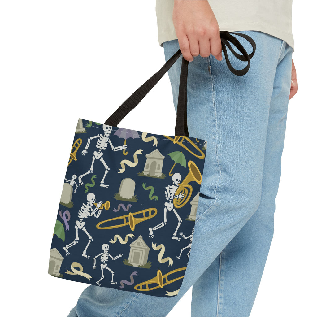 Skeleton Brass Band Tote Bag, New Orleans Graveyard Dancing Skeleton, Halloween Bag, Musician Gift, Jazz Lover Tote, Gothic Tote Bag