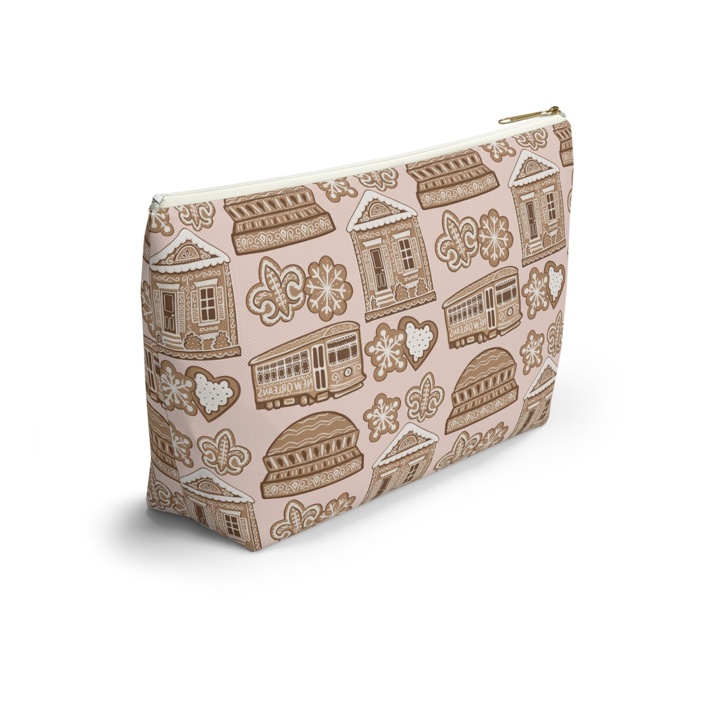New Orleans Holiday Icons accessory pouch | streetcar fleur-de-lis dome Gingerbread pattern