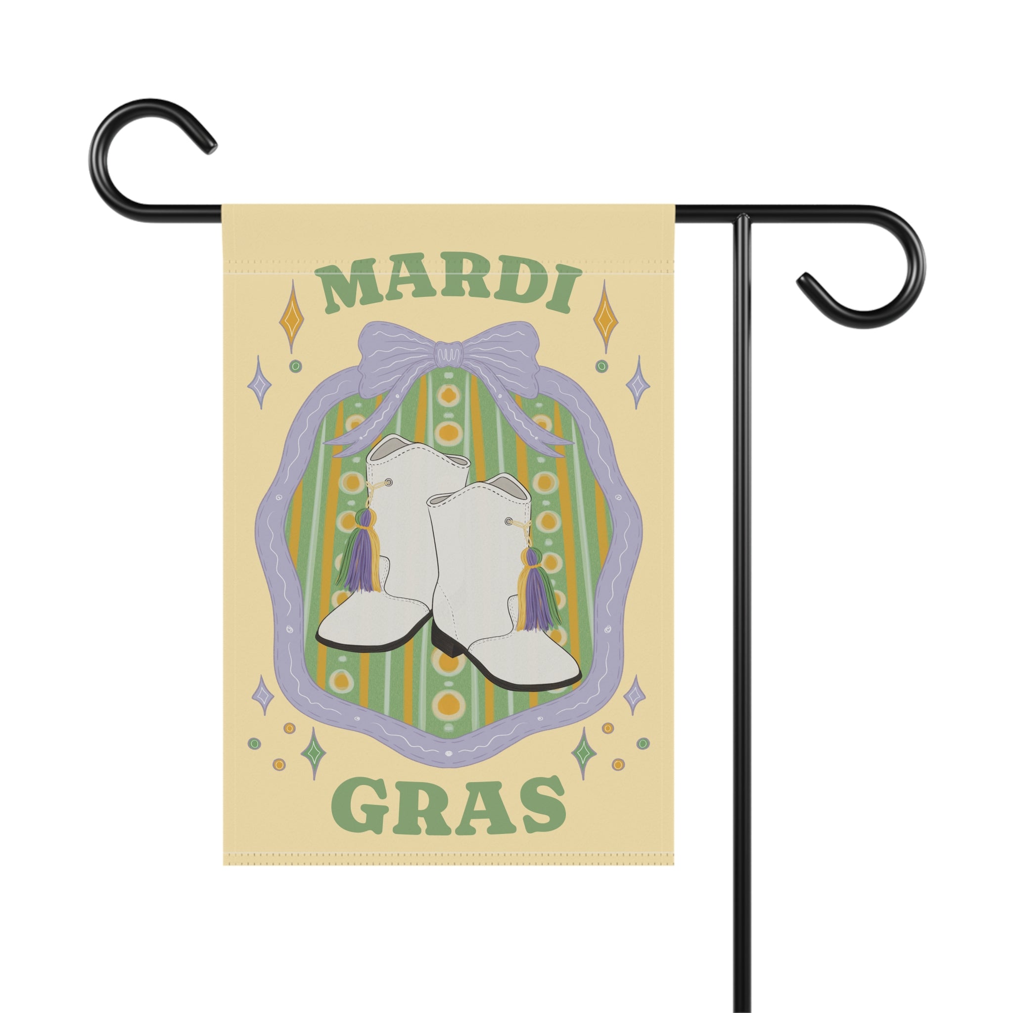 White Boots Mardi Gras Garden Flag | House Banner, Purple Green Yellow