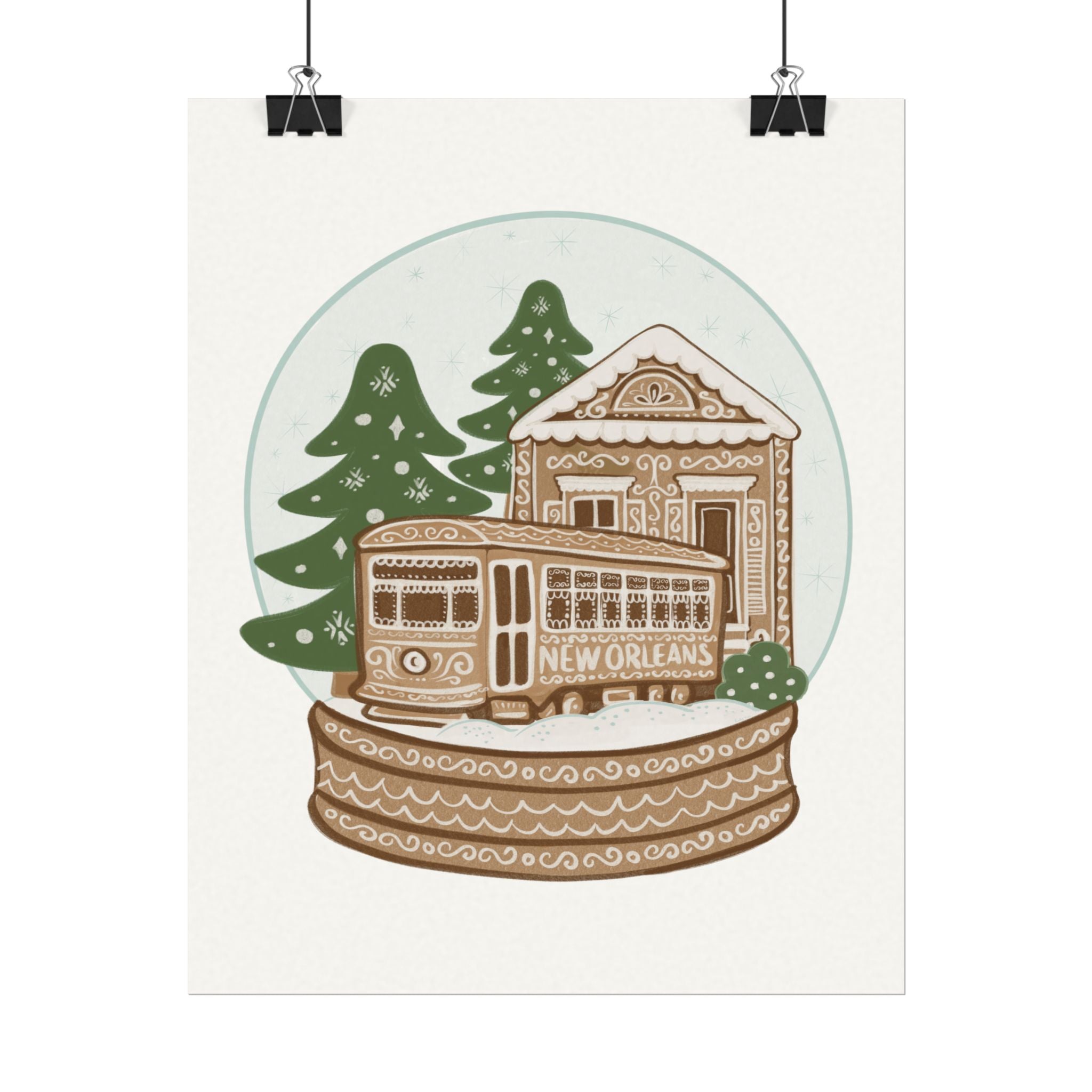 New Orleans Holiday Streetcar Snow Globe poster | Watercolor Matte Poster