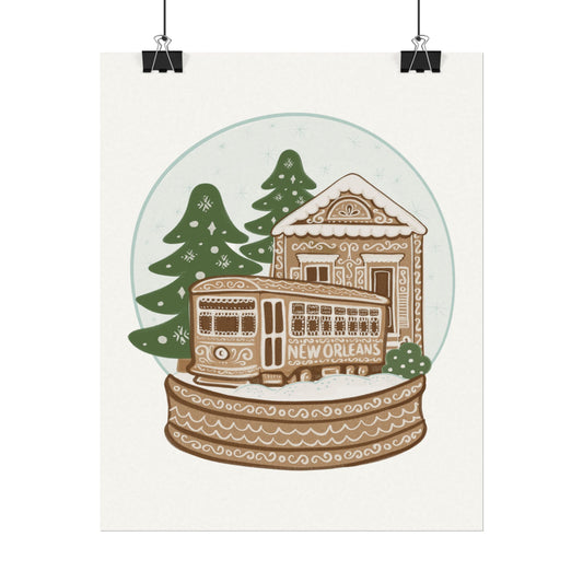 New Orleans Holiday Streetcar Snow Globe poster | Watercolor Matte Poster