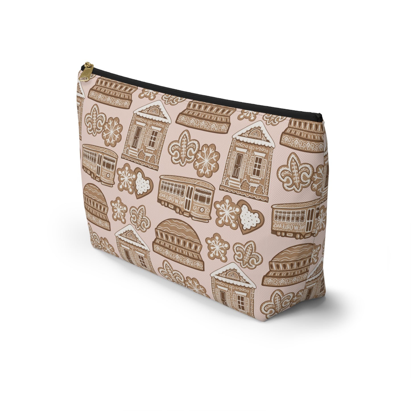New Orleans Holiday Icons accessory pouch | streetcar fleur-de-lis dome Gingerbread pattern
