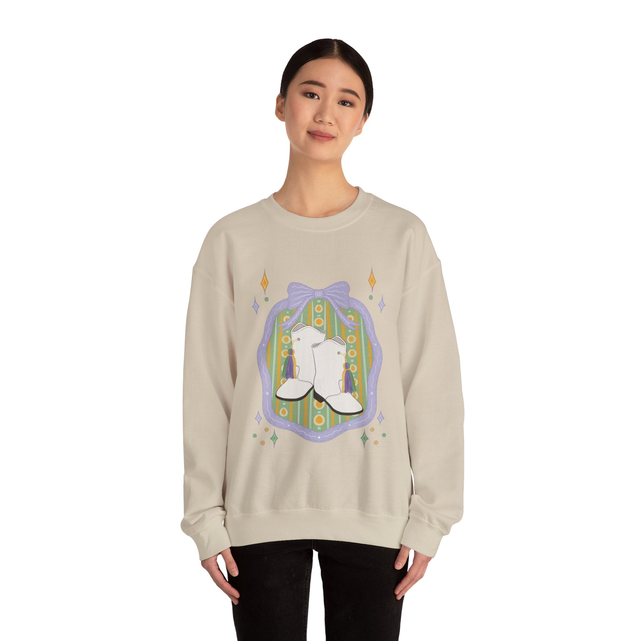 White majorette Boots Illustration Sweatshirt | Retro Floral Badge, Pastel mardi gras Design