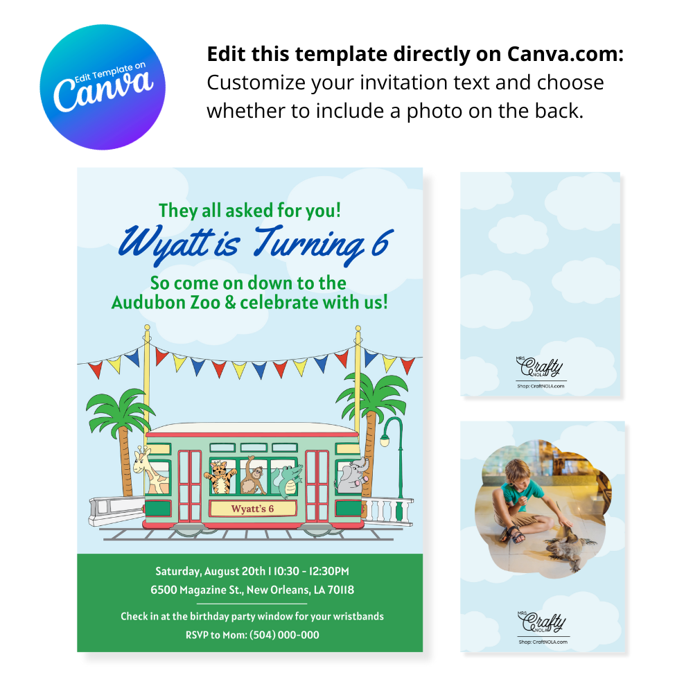 Streetcar Birthday Invitation - Canva Template - Audubon Zoo Party