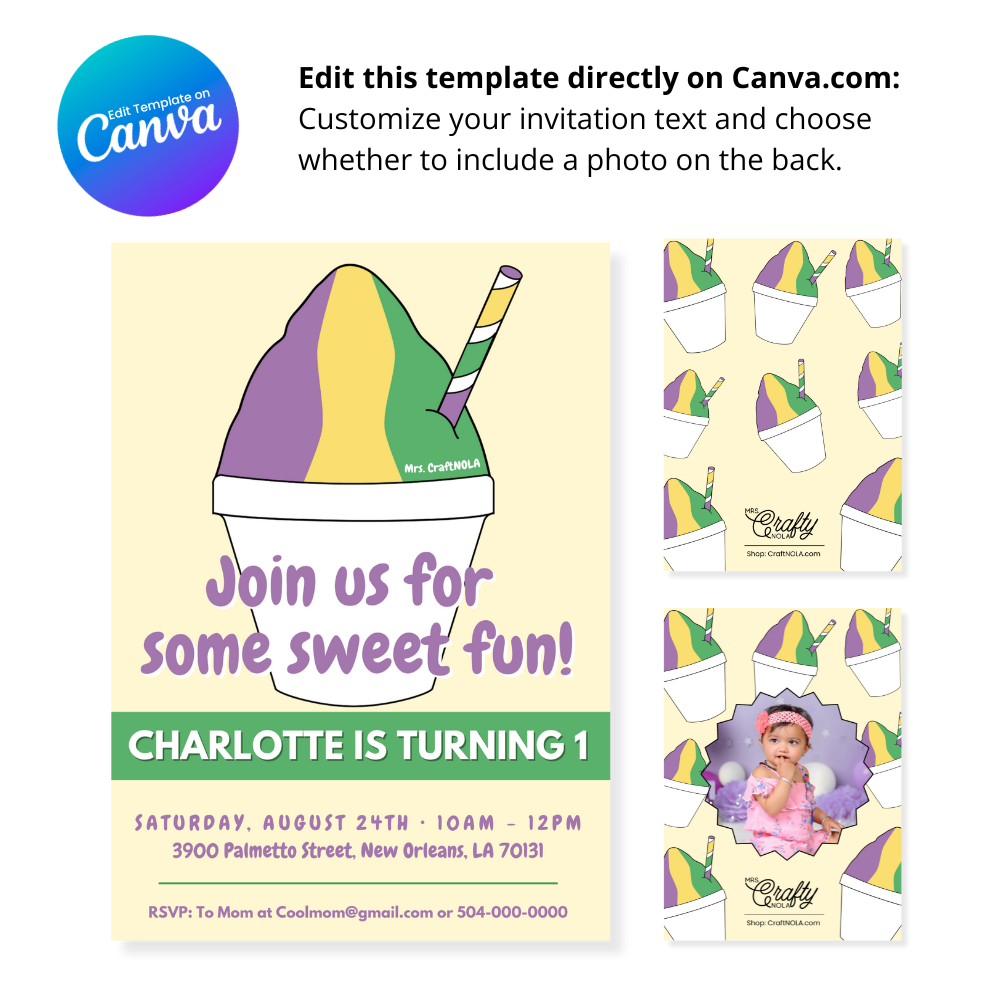 Purple, Green and Yellow Snowball Birthday Invitation - Canva Template