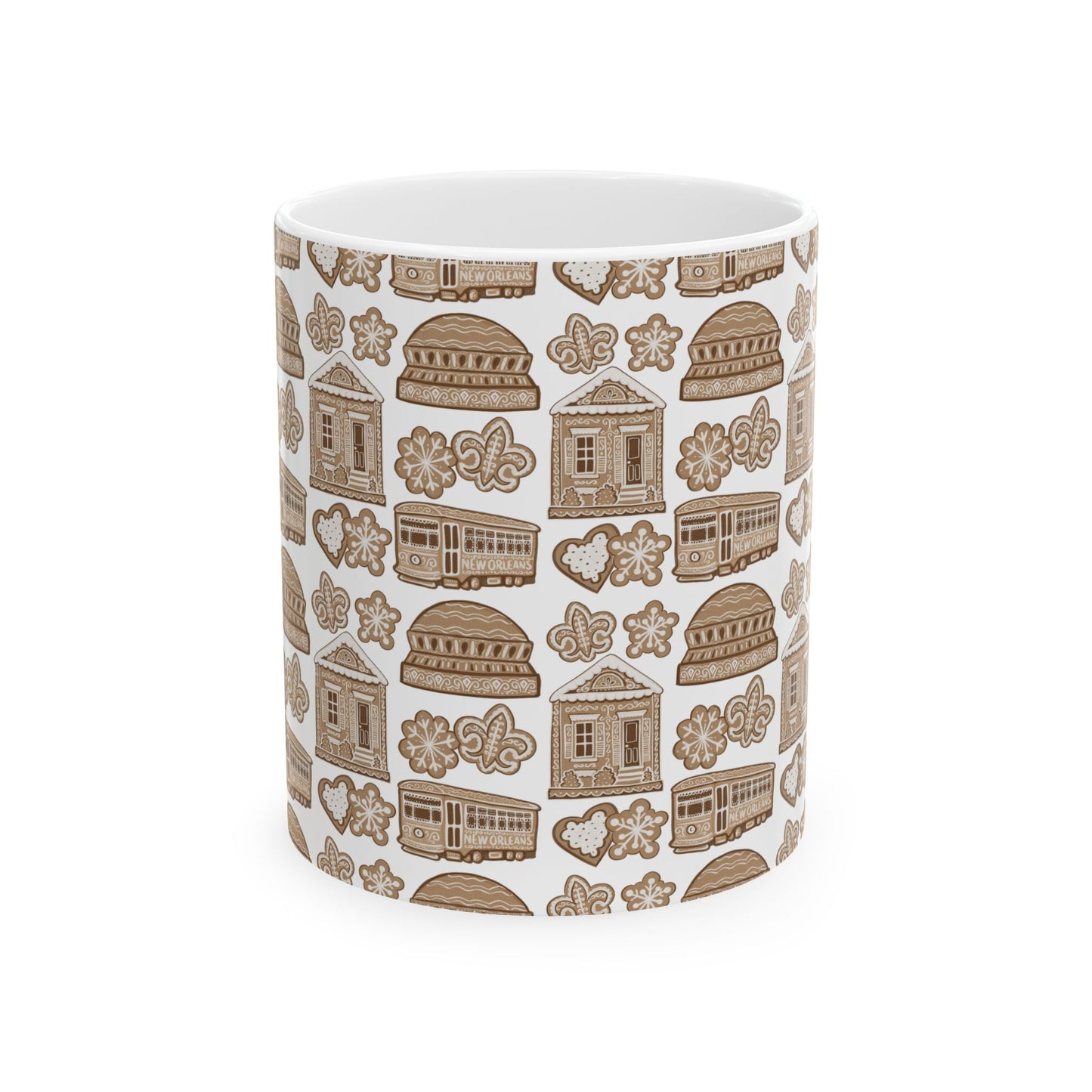 New Orleans Holiday Gingerbread Icons Mug | French Quarter Streetcar, Beignets, Fleur-de-lis Pattern