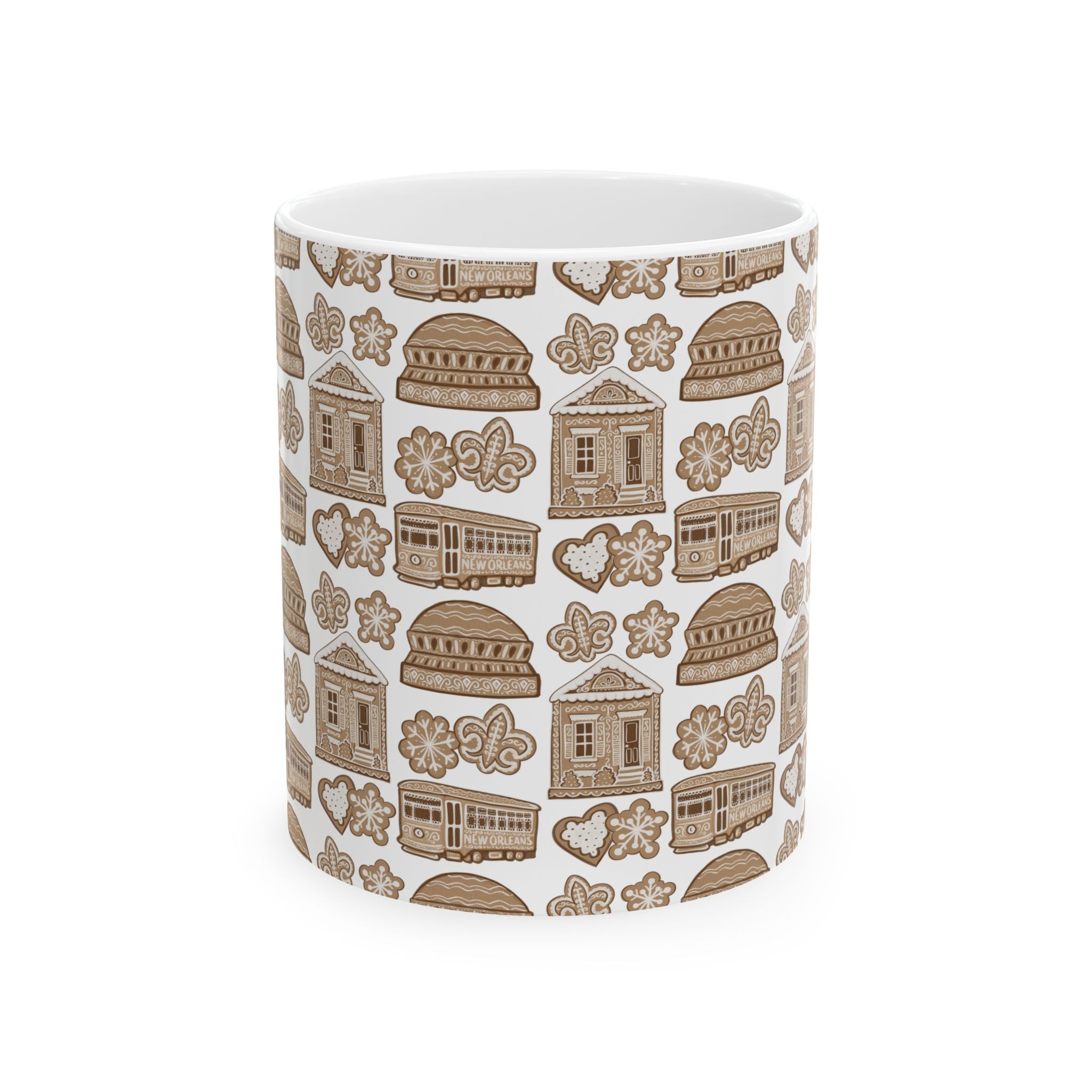 New Orleans Holiday Gingerbread Icons Mug | French Quarter Streetcar, Beignets, Fleur-de-lis Pattern
