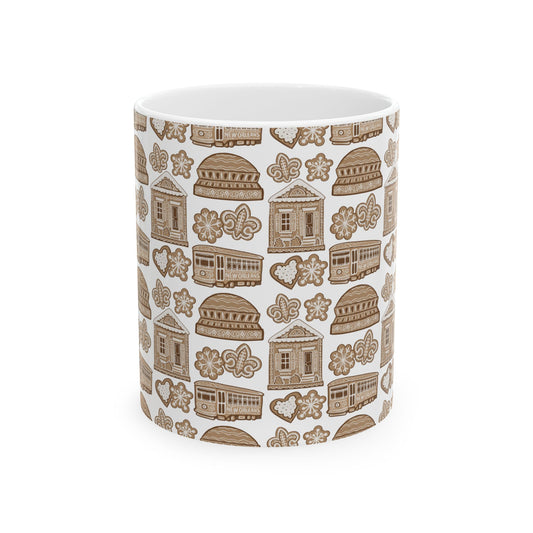 New Orleans Holiday Gingerbread Icons Mug | French Quarter Streetcar, Beignets, Fleur-de-lis Pattern
