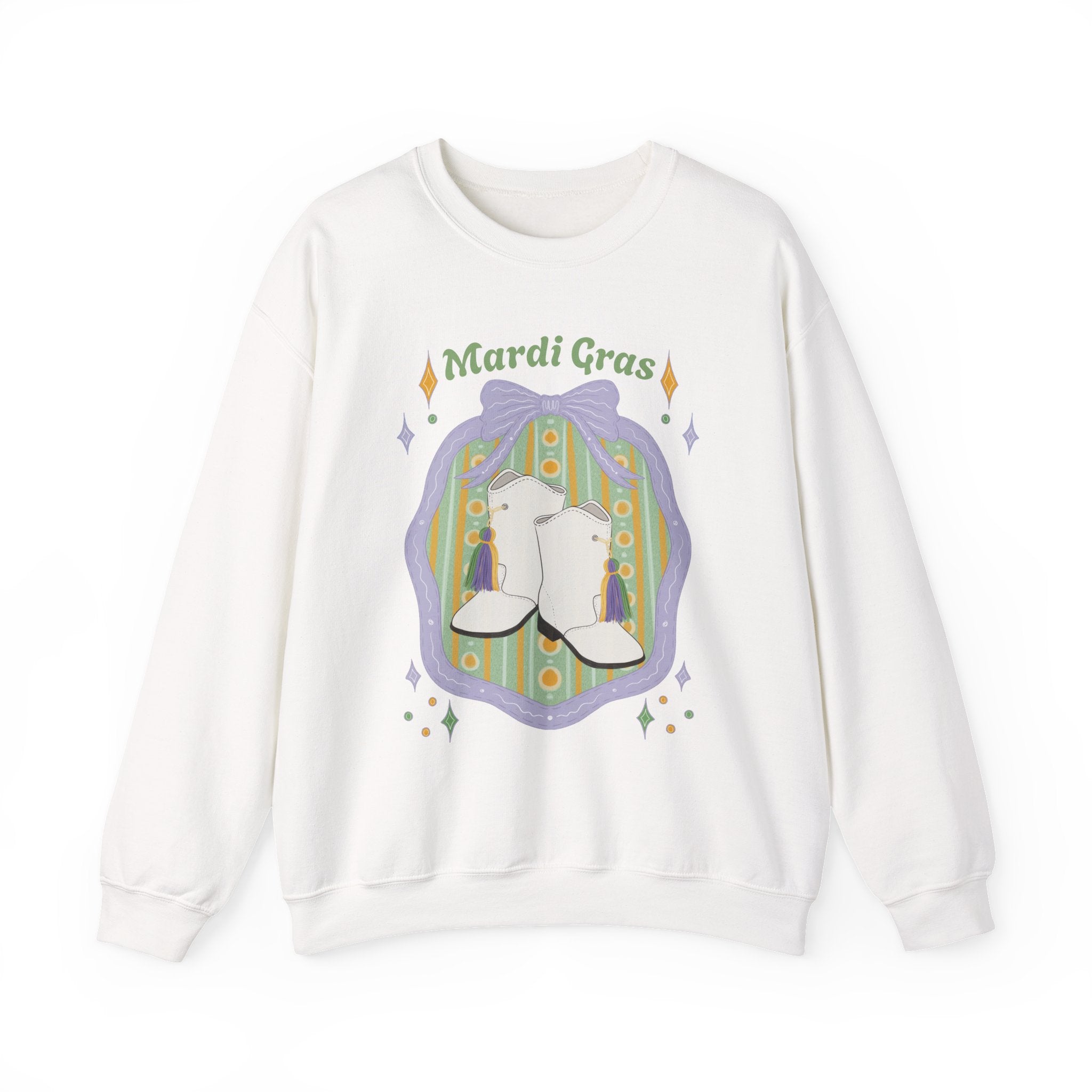 Mardi Gras of White majorette Boots Illustration Sweatshirt | Retro Floral Badge, Pastel mardi gras Design