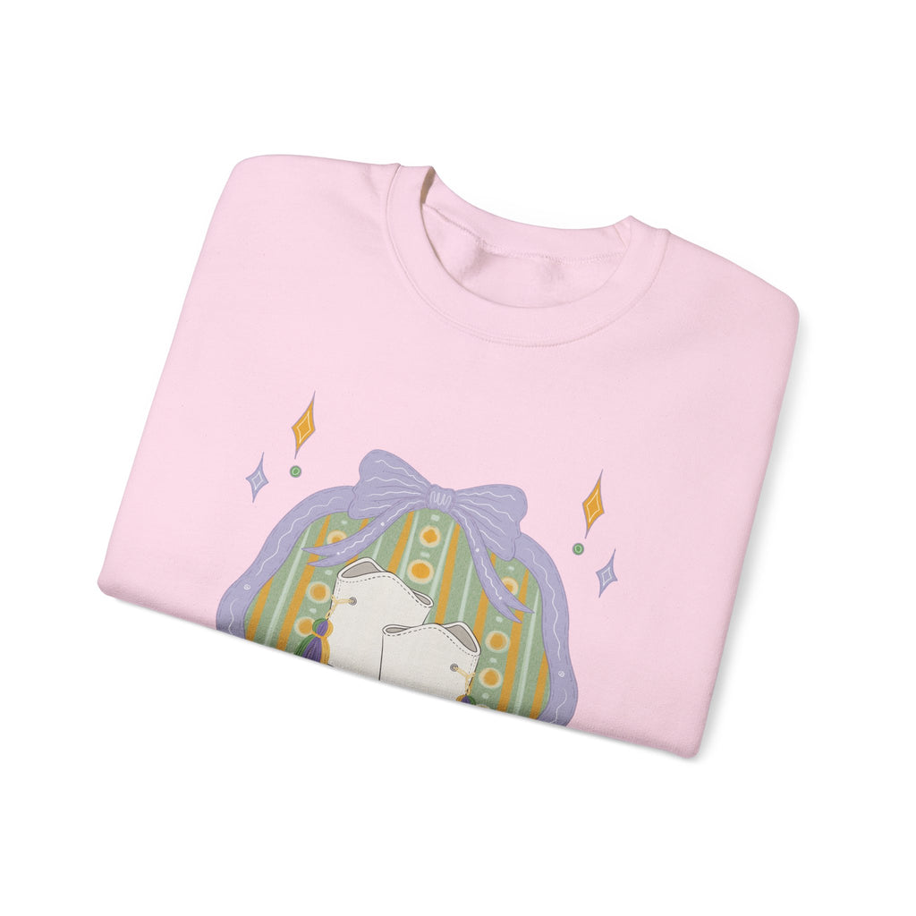 White majorette Boots Illustration Sweatshirt | Retro Floral Badge, Pastel mardi gras Design