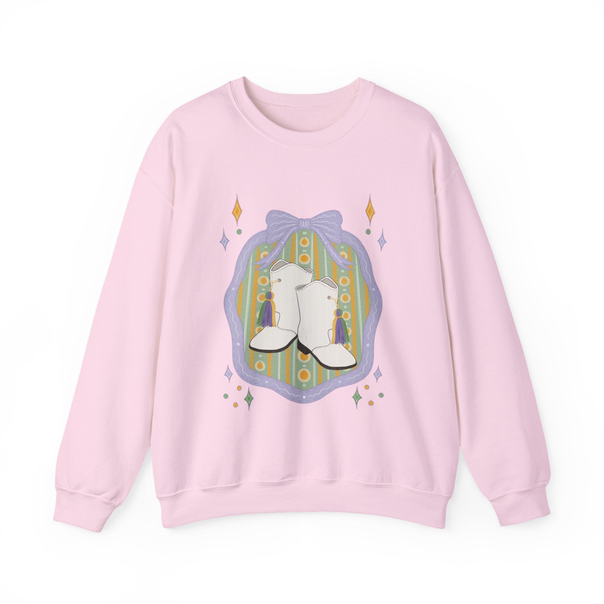 White majorette Boots Illustration Sweatshirt | Retro Floral Badge, Pastel mardi gras Design