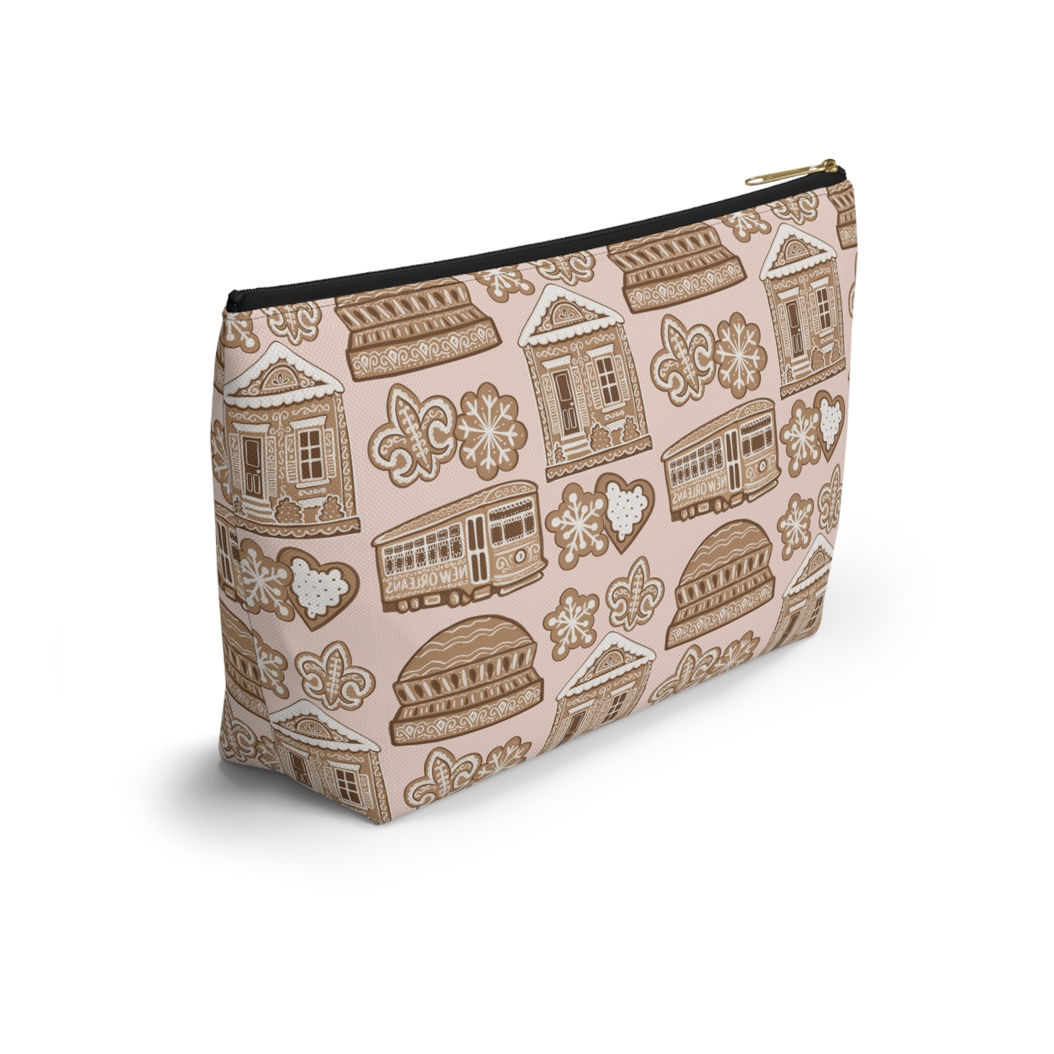 New Orleans Holiday Icons accessory pouch | streetcar fleur-de-lis dome Gingerbread pattern
