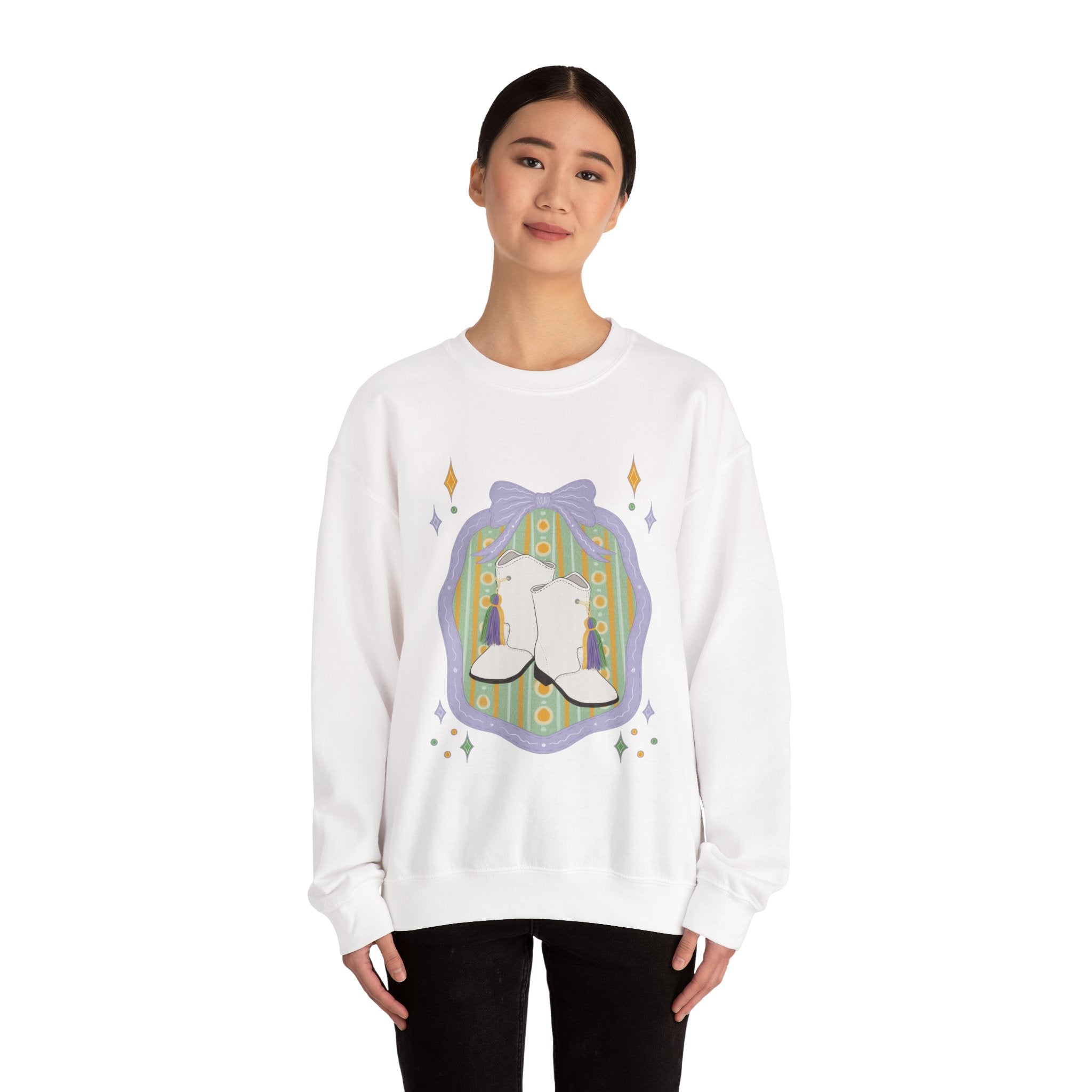 White majorette Boots Illustration Sweatshirt | Retro Floral Badge, Pastel mardi gras Design