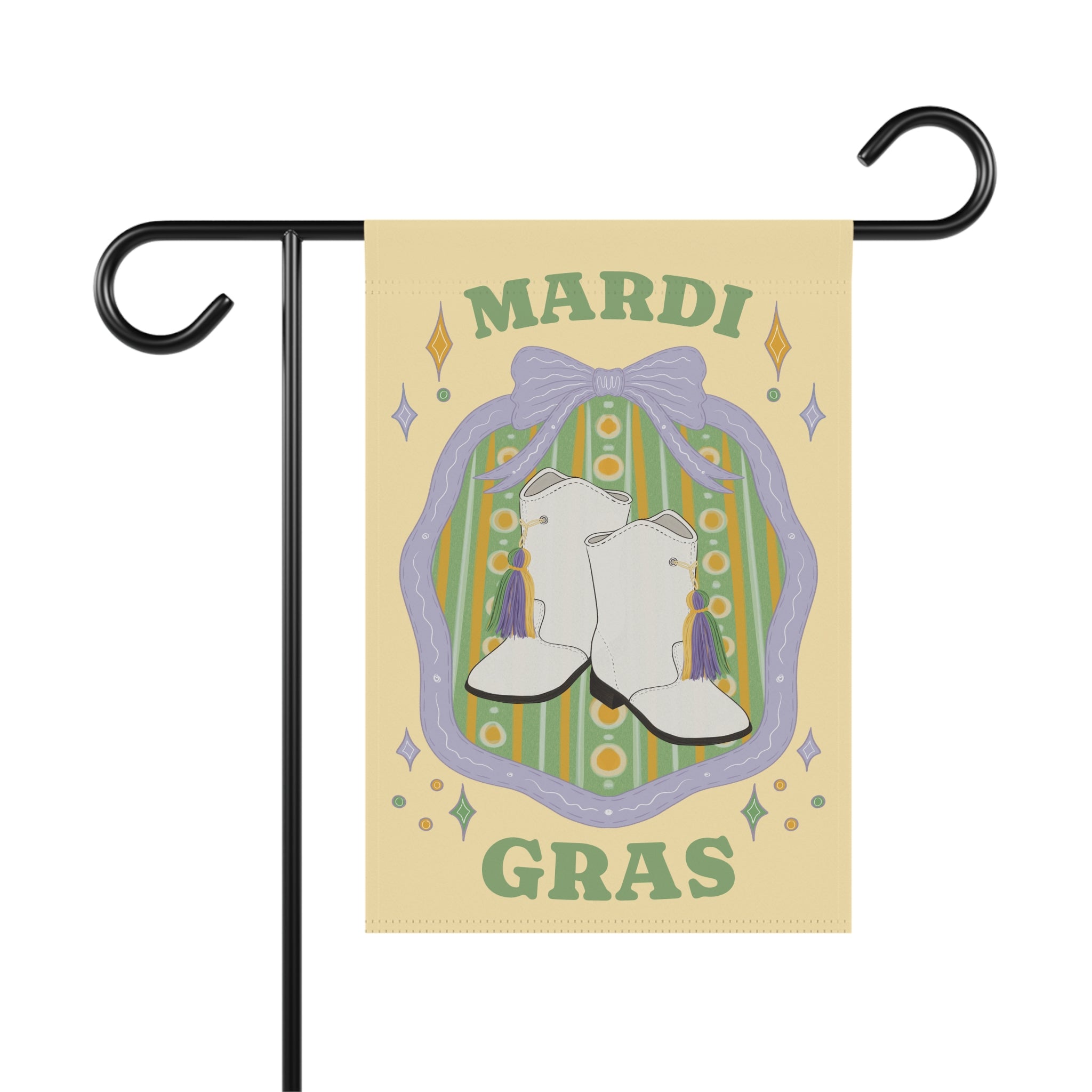 White Boots Mardi Gras Garden Flag | House Banner, Purple Green Yellow