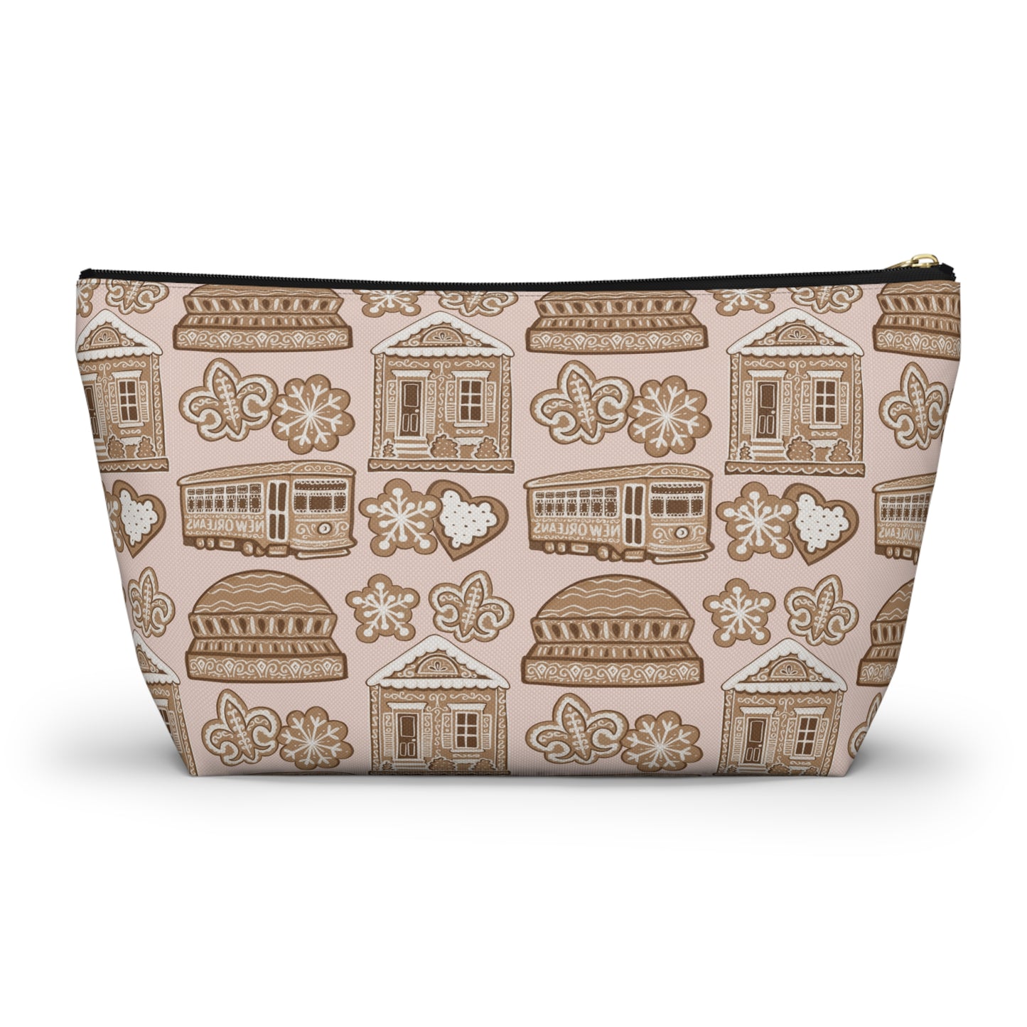 New Orleans Holiday Icons accessory pouch | streetcar fleur-de-lis dome Gingerbread pattern