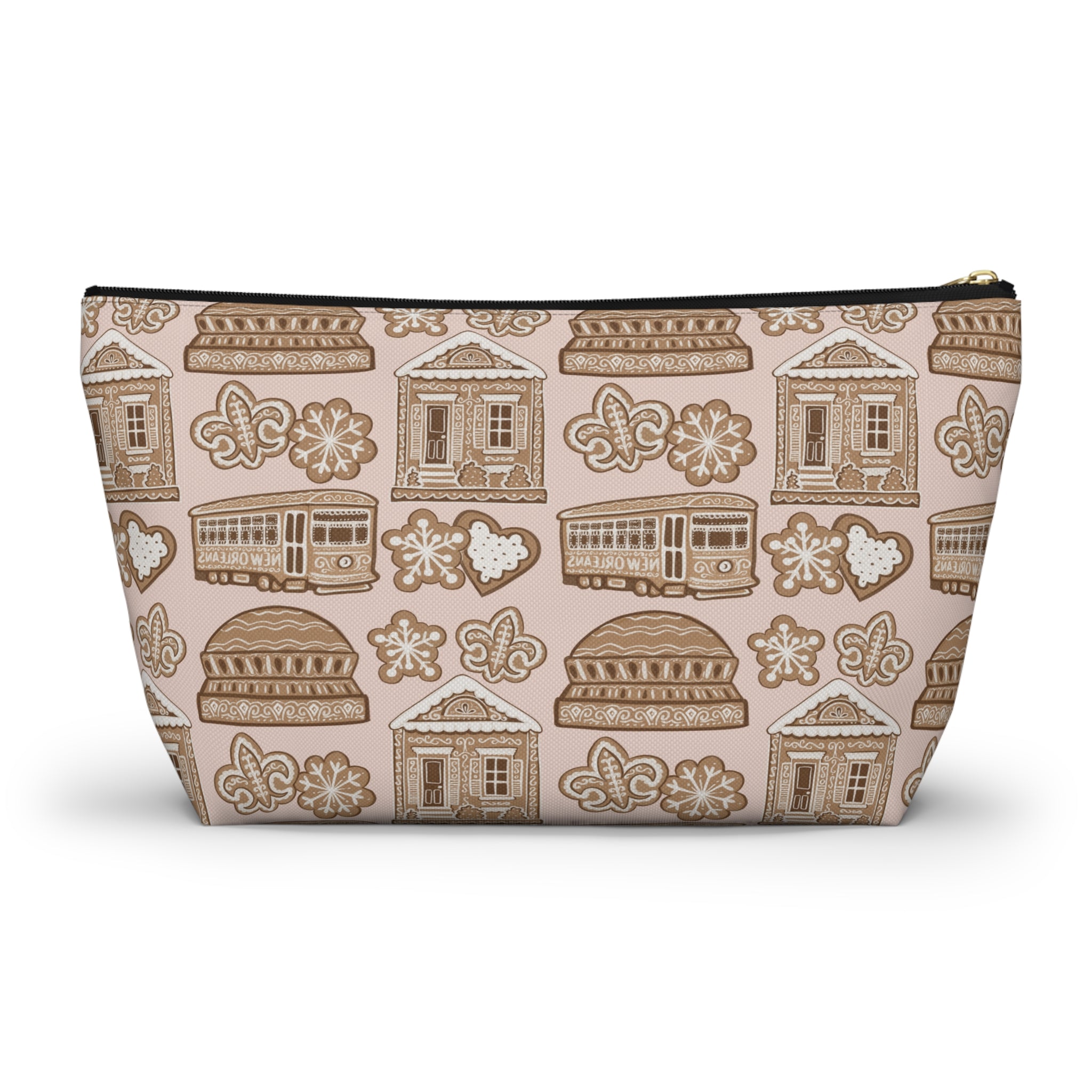 New Orleans Holiday Icons accessory pouch | streetcar fleur-de-lis dome Gingerbread pattern
