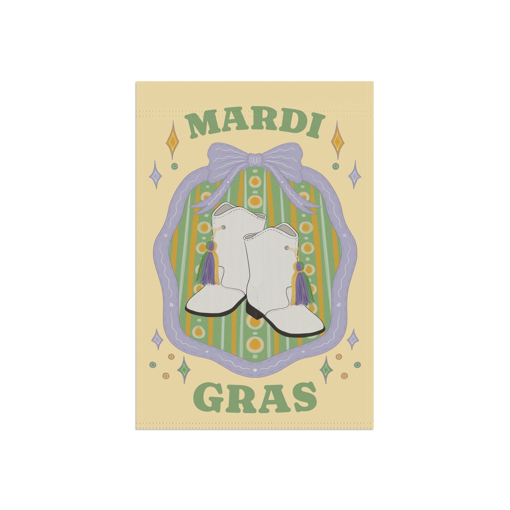 White Boots Mardi Gras Garden Flag | House Banner, Purple Green Yellow