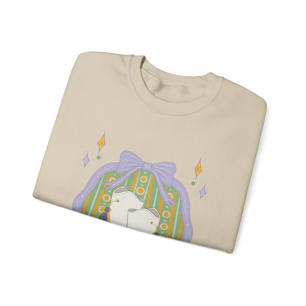 White majorette Boots Illustration Sweatshirt | Retro Floral Badge, Pastel mardi gras Design
