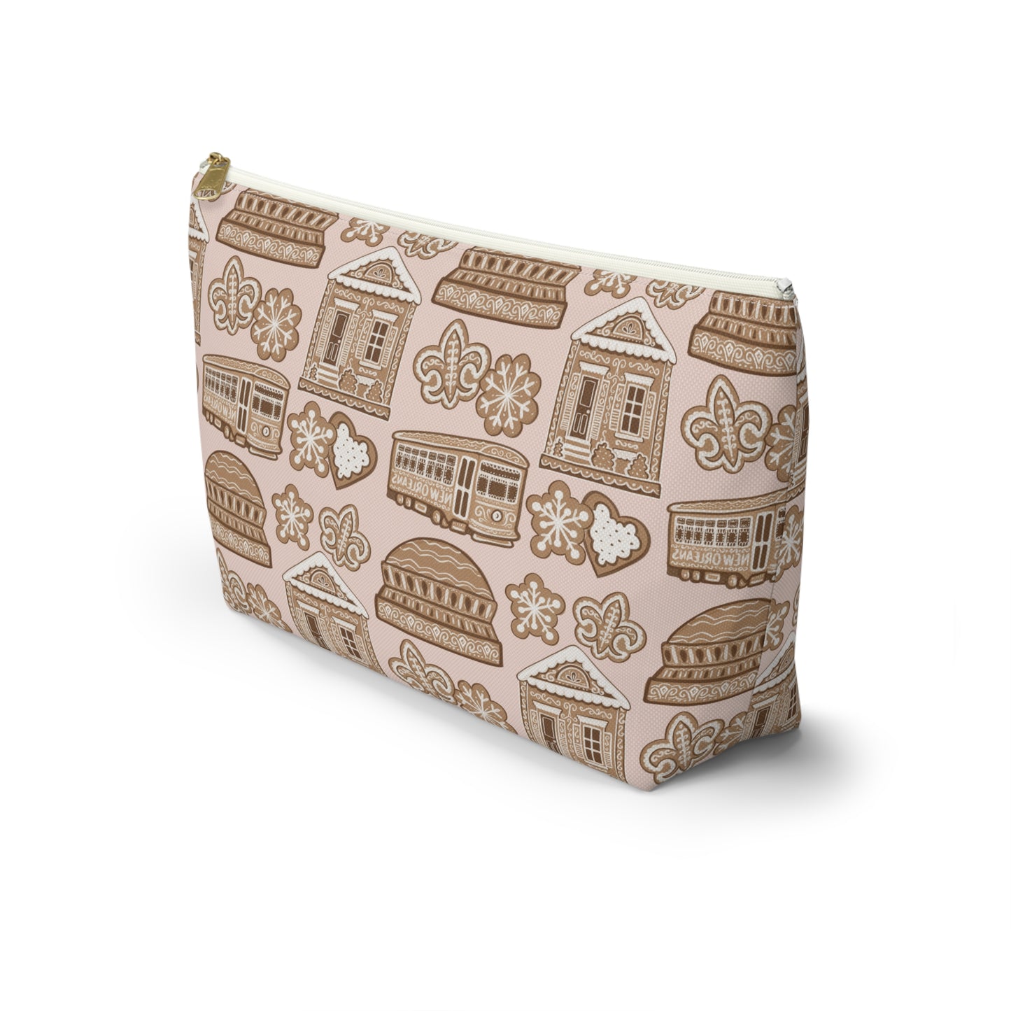 New Orleans Holiday Icons accessory pouch | streetcar fleur-de-lis dome Gingerbread pattern