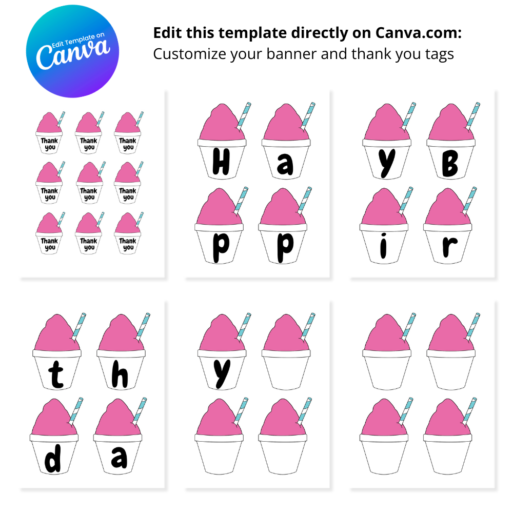 Banner & Thank You Tag Print Out Bundle - Pink Snowball Birthday  - Canva Template