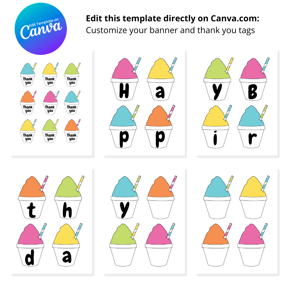Banner & Thank You Tag Print Out Bundle - Multi Color Snowball Birthday  - Canva Template