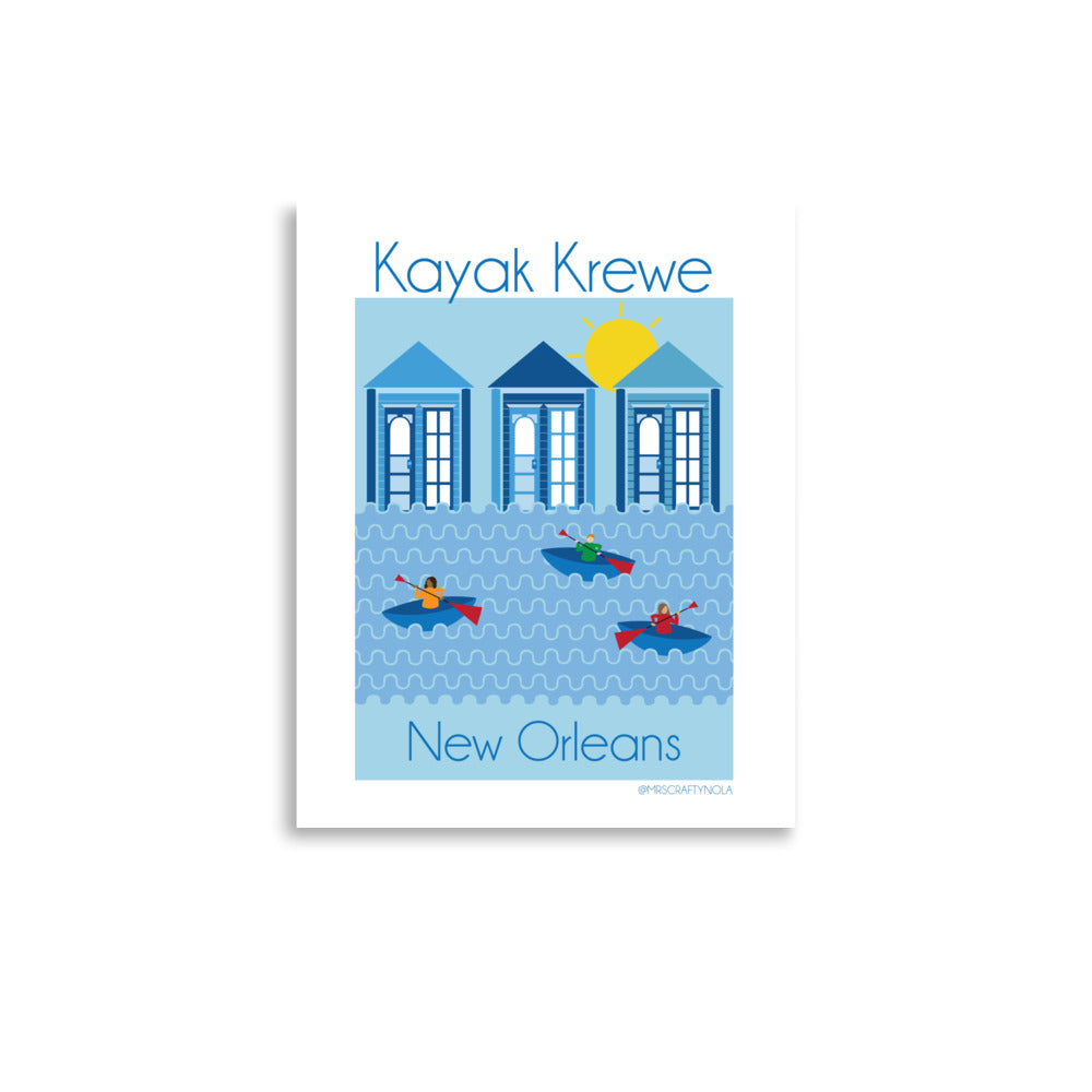 Kayak Krew Poster – Humorous New Orleans wall art print featuring cartoon kayakers by local artist