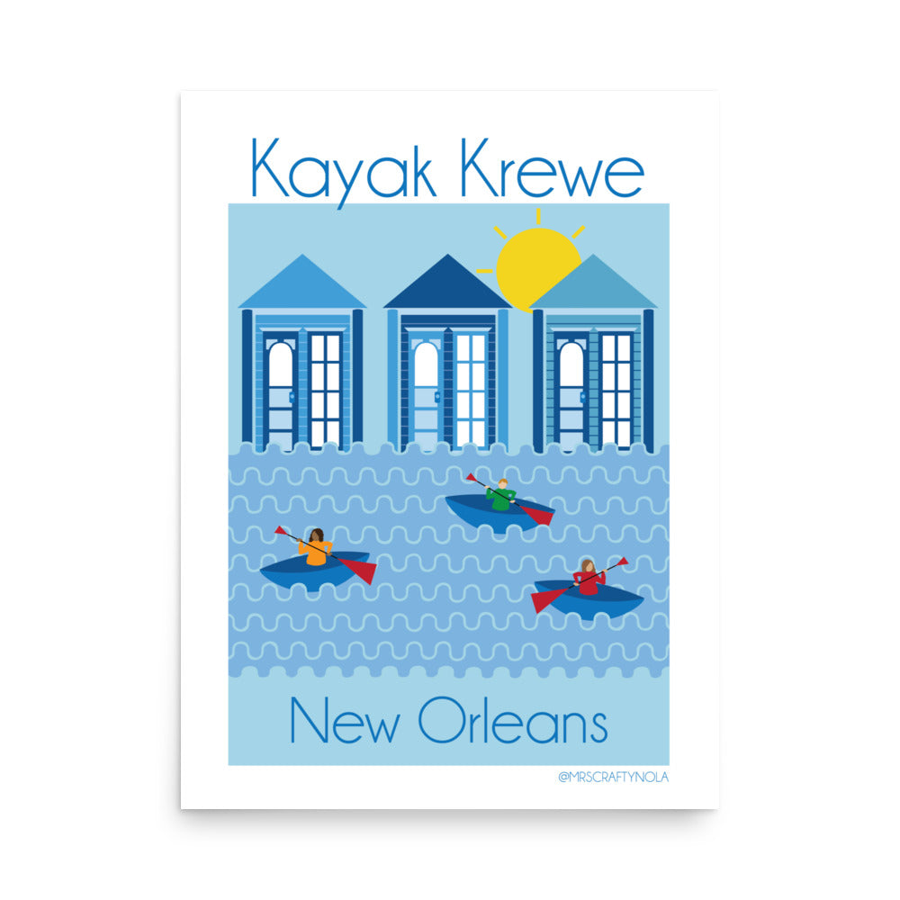 Kayak Krew Poster – Humorous New Orleans wall art print featuring cartoon kayakers by local artist