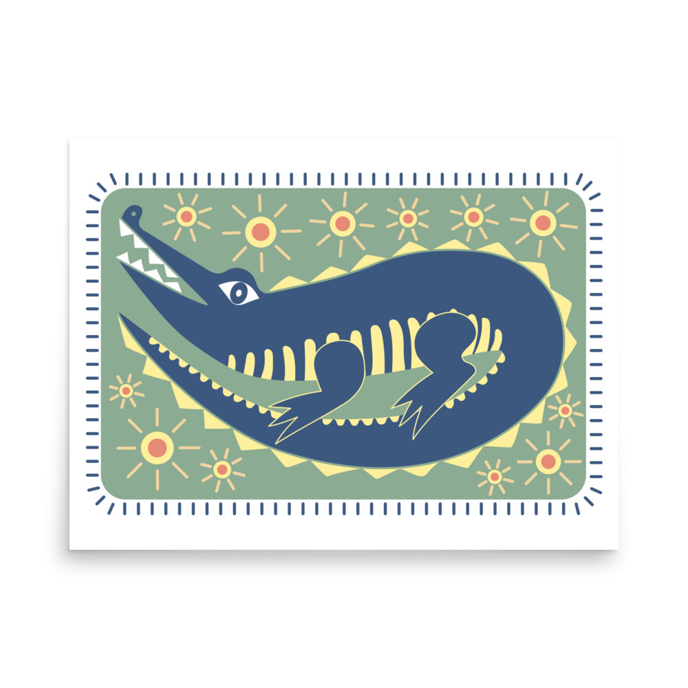 South West Alligator Print Poster - Blue, Green, Yellow