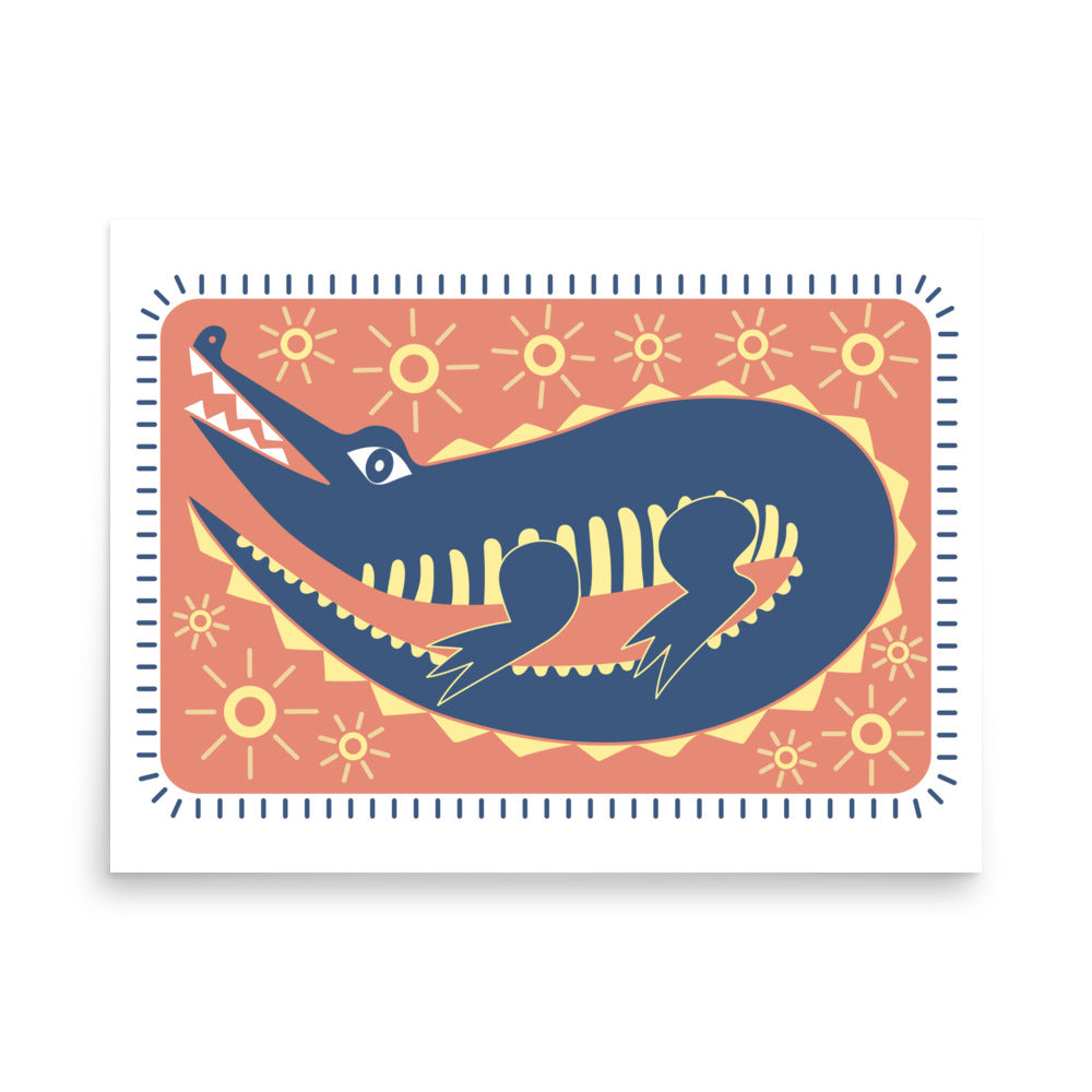 South West Alligator Print Poster - Blue, Red, Yellow