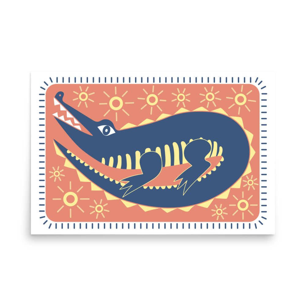 South West Alligator Print Poster - Blue, Red, Yellow