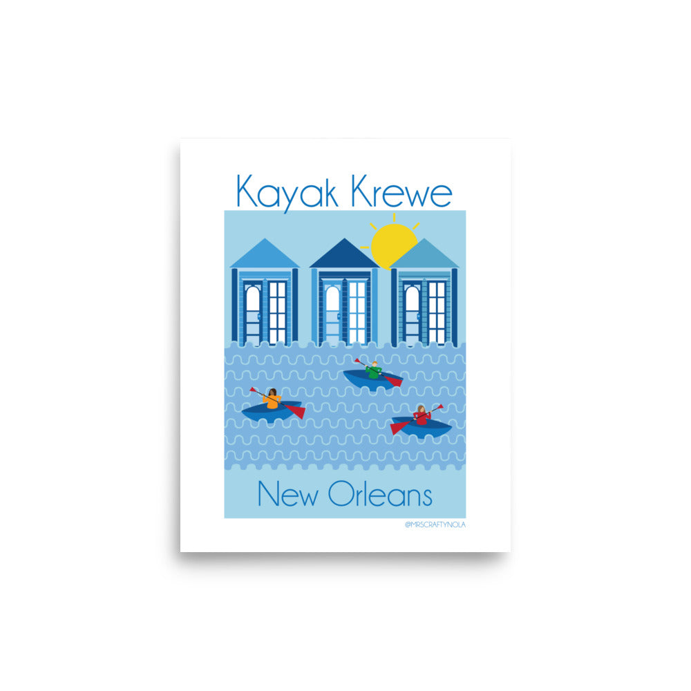 Kayak Krew Poster – Humorous New Orleans wall art print featuring cartoon kayakers by local artist