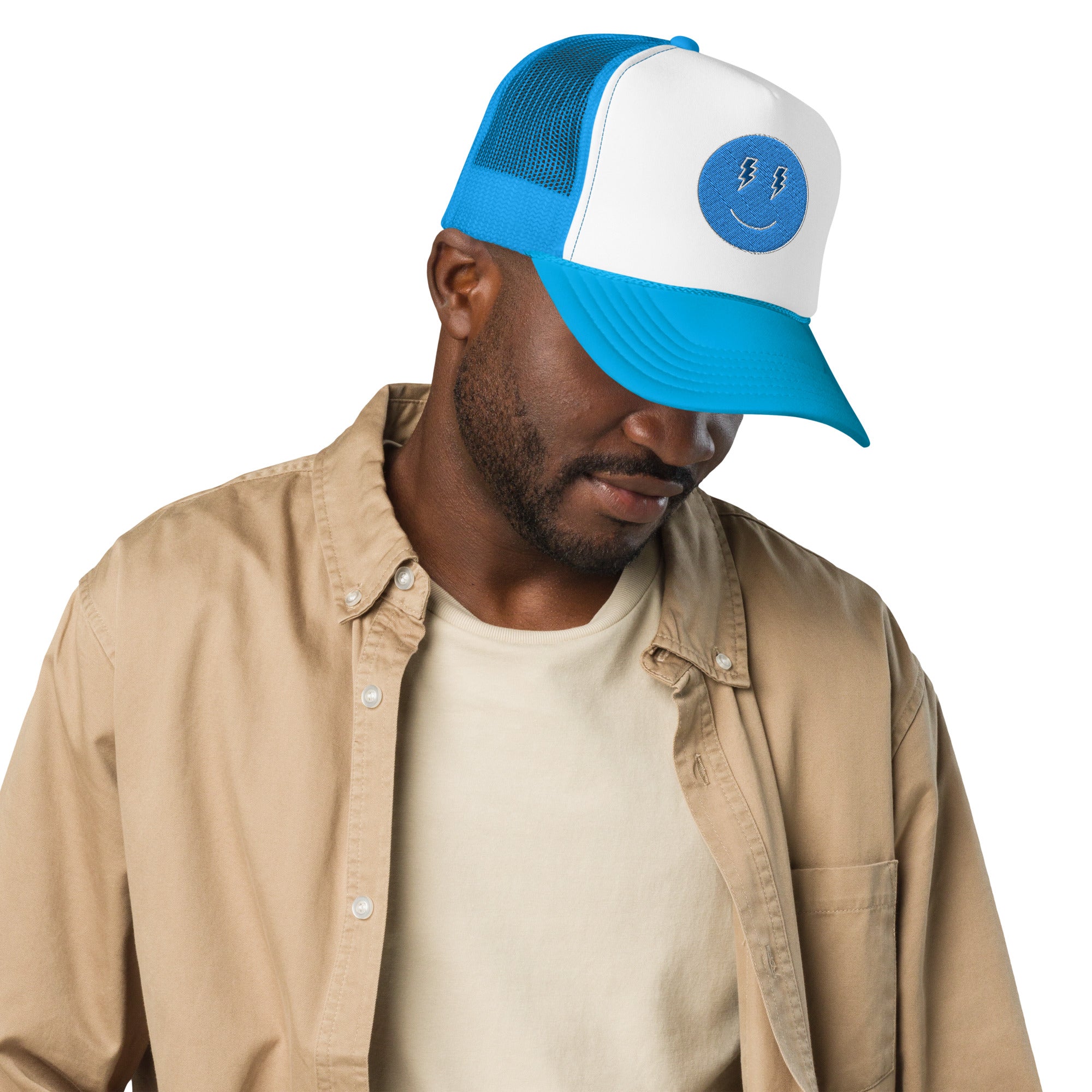Blue Lighting Smiles Foam Trucker Hat Embroidered