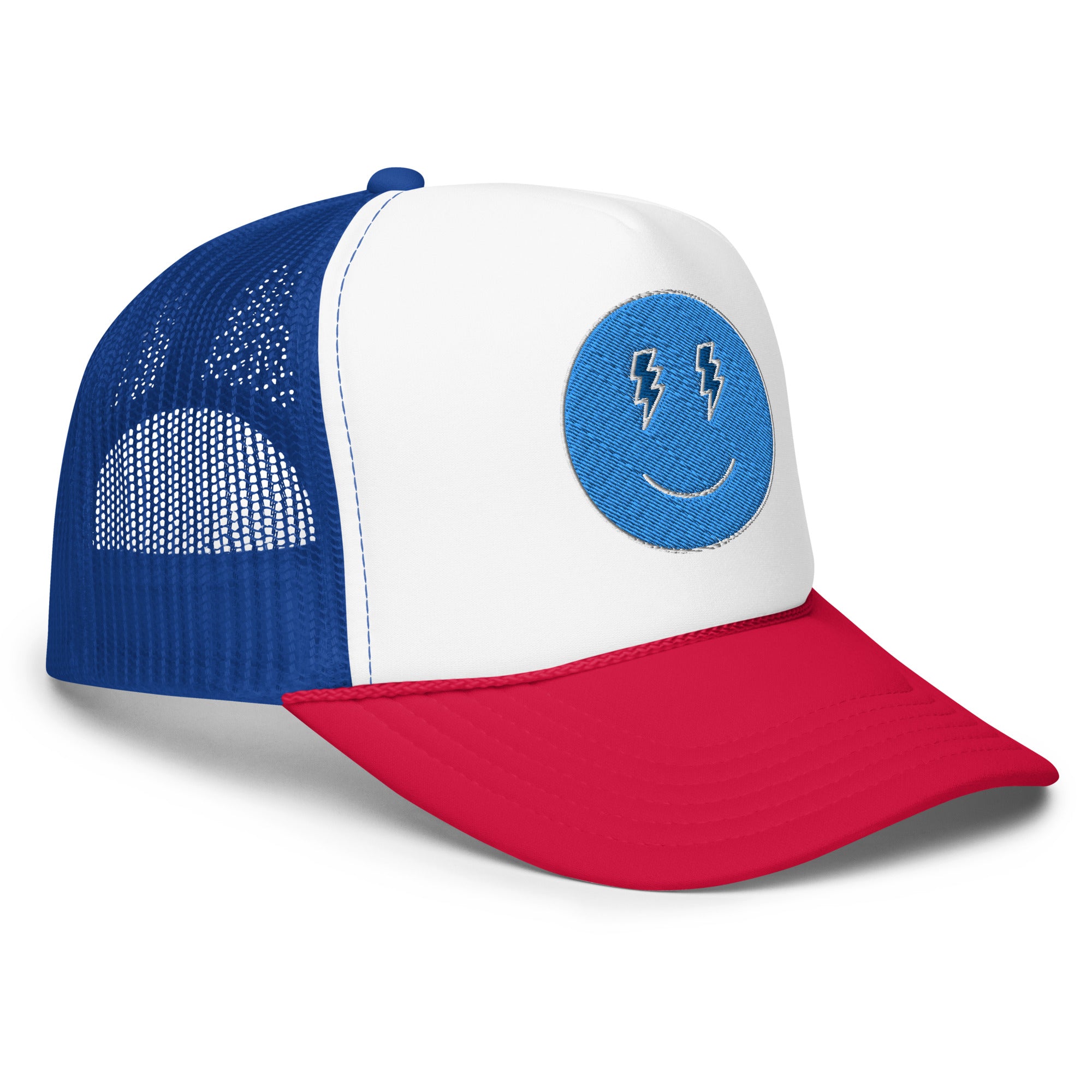 Blue Lighting Smiles Foam Trucker Hat Embroidered